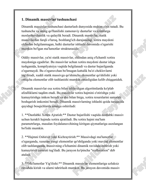 sh va ularga ishlov berish usullaridan biri bo'lib, ular dastur ishlash jarayonida hajmini o‘zgartirishi mumkin bo‘lgan tuzilmalardir. statik massivlardan farqli o‘laroq, dinamik massivlar dastur ishlash vaqtida kerakli hajmga o‘sishi yoki kamayishi mumkin. bu ularga ma'lumotlar jadvallari yoki kolleksiyalari bilan ishlashda katta qulaylik tug‘diradi. dinamik massivlarning asosiy afzalliklaridan biri – ular hajmini dastur ish vaqtida o‘zgartira olish qobiliyatidir. bu dinamik massivlar, asosan, umumiy xotira maydoni (heap) orqali boshqarilishi natijasida bo‘ladi. c++, java, python kabi ko'plab zamonaviy dasturlash tillari dinamik massivlar bilan ishlash imkoniyatlarini taqdim etadi. c++ tilida standart kutubxonada taqdim etilgan `std::vector` sinfi dinamik massivlar bilan ishlash uchun keng qo‘llaniladi. `std::vector` yordamida c++ dasturchilari kerakli hajmda dinamik massiv yaratishi va uni kengaytirishi mumkin. `std::vector` ning o‘ziga xos hususiyati shundaki, u ega bolgan resurslarni avtomatik ravishda boshqarishi, massivga qo'shimcha element kiritilganda avtomatik ravishda hajmini oshirishi mumkin. dinamik massivlar bilan bog‘liq raqamlardan biri ularning boshlang‘ich hajmi yoki sig‘imidir. masalan, boshlang‘ich hajm 10 elementdan …