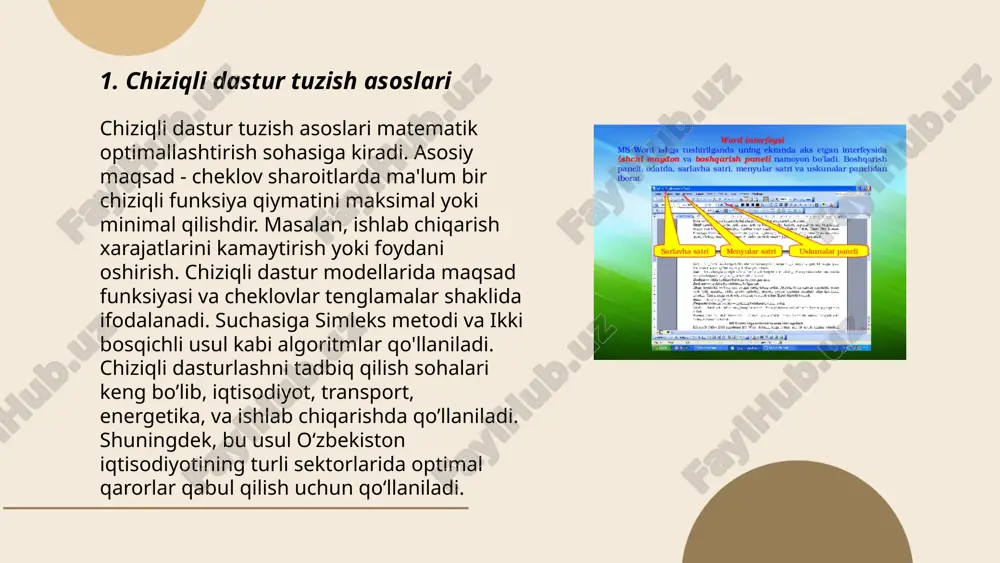 8, va hokazo. ketma-ket elementlarga indeks orqali murojaat qilinadi va indekslash 0 dan boshlanadi. ushbu struktura ma'lumotlarni tartibda saqlash va ularga osonlik bilan kirish imkonini beradi. ... t.me/slaydai_bot 7. chiziqli algoritmlar yaratish chiziqli algoritmlar yaratish kompyuter fanlarida muhim mavzudir. bu algoritmlar bajarilishi kerak bo'lgan qadamlarning qatorini belgilaydi va ularda har bir qadam aniq tartibda bajariladi. masalan, sanash, arifmetik operatsiyalar, ma'lumotlarni tartiblash kabi vazifalar chiziqli algoritmlar yordamida hal qilinadi. chiziqli algoritmlar qat'iy tartibda ishlaydi, ya'ni dastur boshidan oxirigacha bir marta, o'zgarishsiz bajariladi. ular odatda murakkablik va vaqt samaradorligini o'lchash uchun o(n) asimptotik baholashidan foydalanadi, bu yerda n - kiritilgan ma'lumotlar hajmi. chiziqli algoritmlar oddiy va tushunarli bo'lib, ko'p vaziyatlarda samarali ishlaydi. ... t.me/slaydai_bot tsikllar—dasturlashda ma'lum bir ishlov jarayonini ko'p marta takrorlash imkonini beruvchi konstruktsiyalardir. eng keng tarqalgan tsikllar iteratsiya operatorlari: "for", "while" va "do-while" hisoblanadi. "for" tsikli konkret iteratsiya soni bilan ishlaydi, masalan, 0 dan 10 gacha, 11 marta. "while" tsikli …