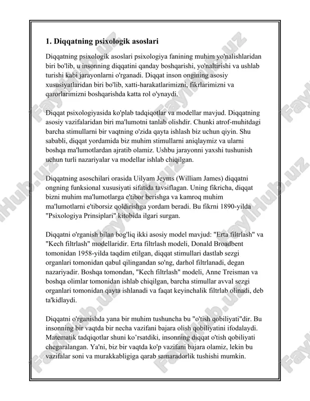 bosqich o‘ziga xos xususiyatlar bilan tavsiflanadi. birinchi bosqich, taxminan 0-2 yosh oralig‘ida kuzatiladi. bu davrda bola diqqatning dastlabki belgilari namoyon bo‘la boshlaydi. bolalar to'g'ridan-to'g'ri ta'sirlarga javob beradi va diqqatni ushlab turish qobiliyati juda qisqa muddatli bo'ladi. ushbu davrda diqqatning davomiyligi o'rtacha 3-5 soniyani tashkil etadi. bolalar vizual va eshitish stimullari orqali diqqat saqlashga harakat qiladi. ikkinchi bosqich 2-5 yosh oralig‘ida namoyon bo'ladi. ushbu bosqichda bolalar diqqatini ancha uzoqroq vaqtga qaratishga qodir bo'ladi. diqqat asosan o'yin faoliyatida shakllanadi. bolalar bu davrda bir narsaga diqqatini qaratib, uni 5-10 daqiqa davomida ushlab turishi mumkin. diqqat barqaror bo'lib boradi va kuzatuvchanlik oshadi. biroq, halaqit beruvchi omillar hali ham diqqatni tezda chalg'itishi mumkin. uchinchi bosqich 5-7 yoshni o'z ichiga oladi. ushbu yoshda maktabga tayyorgarlik davri boshlanadi. bolalar diqqatni undan uzoqroq vaqt davomida saqlab turishga qodir bo'ladi, masalan, katta yoshdagi mashg'ulotlar paytida o'rtacha 15-20 daqiqagacha. bolalar diqqatini faqat o'zlariga qiziq bo'lgan narsalargagina emas, balki o'qituvchilar va …
