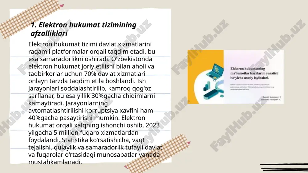 ydai_bot ma'lumotlar xavfsizligi va himoyasi zamonaviy texnologiyada asosiy o'rin olgan. 2021-yilda dunyoda kiberhujumlar soni 40% ga oshgan. har kuni 500 ming zararli dastur yaratiladi. ma'lumotlar buzilishi o'rtacha qiymati bir kompaniya uchun 4,24 million aqsh dollarini tashkil qiladi. katta kompaniyalar xavfsizlik uchun yillik byudjetning 10% ini ajratadi. foydalanuvchilarning 80% parol uchun hali ham ojiz kombinatsiyalarni qo'llaydi. 2020-yilda shifrlash ishlatilgan ma'lumotlarning faqat 20% ini qamrab olgan. 40% tashkilotlar o'z xodimlarini xavfsizligi bo'yicha doimiy ravishda o'qitmaydi. global ma'lumotlar xavfsizlik bozori 2023-yilda 170 milliard dollar darajasiga yetishi kutilmoqda. ... t.me/slaydai_bot 7. elektron hujjat imzolash elektron hujjat imzolash — bu hujjatlarni raqamli shaklda tezkor va xavfsiz imzolash usuli. oʻzbekistonda elektron imzo huquqiy kuchga ega boʻlib, u 2004-yilda qabul qilingan "elektron raqamli imzo toʻgʻrisida"gi qonun bilan tartibga solinadi. 2021-yilda yurtimizda 100 mingdan ortiq shaxsiy elektron raqamli imzolar (eri) ishlatilgan. elektron hujjat imzolash orqali kompaniyalar samaradorlikni oshiradi va qogʻoz xarajatlarini 30% gacha kamaytiradi. elektron imzo orqali koʻplab …