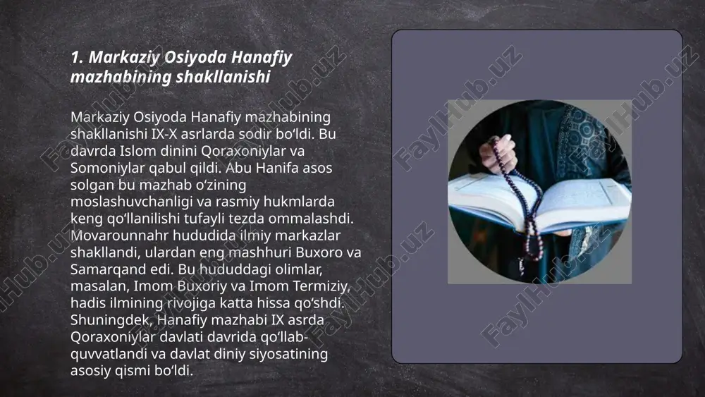 g asoschisi hisoblanadi. imom molik (711-795) molikiya mazhabini asoslagan boʻlib, uning asarlari va fiqhiy qarorlari butun islom olamida keng tarqaldi. imom shofeʼiy (767-820) shofeʻiya mazhabining asoschisi boʻlib, u "risola" nomli asari bilan tanilgan. imom ahmad ibn hanbal (780-855) hanbaliya mazhabining asoschisi bo'lib, u qattiq fiqhiy pozitsiyalari bilan mashhur edi. ushbu toʻrt imomning ilmiy ishlari va oʻquvchilari islom huquqshunosligining rivojiga katta hissa qoʻshgan. ... t.me/slaydai_bot 7. markaziy osiyo madrasalarida fiqh ta'limi markaziy osiyodagi madrasa ta'limida fiqh ilmi muhim o‘rin tutgan. vii-xii asrlarda buxoro, samarqand, va toshkent shaharlarida fiqh o‘qitilishi kengaygan. fiqh darslari imom abu hanifa mazhabiga asosan olib borilgan. al-farg‘oniy, al-buxoriy, va al-moturidiy kabi olimlar fiqh ilmini rivojlantirgan. xii asrda marvda 10 ga yaqin fiqh madrasalari faoliyat yuritgan. xv asrda samarqanddagi ulug‘bek madrasasi fiqh uchun markaz bo‘lgan. markaziy osiyoda fiqh ta'limi hiloliy va husayn voiz koshifiy kabi olimlar tomonidan davom ettirilgan. xviii asrda buxorodagi mir arab madrasasi fiqh ilmi rivojiga hissa …