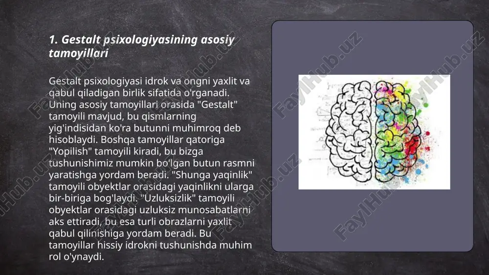 qonuni, yopiq shakl (figura-ziynat) qonuni va umumiy taqdir qonuni mavjud. bu qonunlar ob'ektlar orasidagi munosabatlarni qanday qabul qilishimizni tushuntiradi. masalan, yaqinlik qonuni bizni bir-biriga yaqin bo'lgan elementlarni bitta guruh sifatida ko'rishga majbur qiladi, o'xshashlik qonuni esa shunga o'xshash elementlarni birgalikda idrok qilishga rag'batlantiradi. ushbu printsiplar dizaynda va san'atda keng qo'llaniladi, foydalanuvchi tajribasini oshirishda muhim omil hisoblanadi. ... t.me/slaydai_bot 7. gestalt psixologiyasida o'rganish jarayoni gestalt psixologiyasida o'rganish jarayoni butun va qism o'rtasidagi munosabatga asoslanadi. bu nazariya odamlar axborotni butun ko'rinishda idrok etishini ta'kidlaydi. gestalt psixologlari, masalan, kohler va koffka, o'rganish jarayonida organizmning muhitni tushunishida struktura va tizimning ahamiyatini o'rganishgan. ular "butunlik qonunlari" deb ataladigan tamoyillar, masalan, yaqinlik, o'xshashlik, va davomiylik orqali o'rganish jarayoni qanday shakllanishini tushuntirishgan. bu nazariya talim jarayonlarida intuitiv o'rganish va muammolarni hal qilish usullari bilan bog'liq global tushunchalarni qadrlaydi. ... t.me/slaydai_bot depressiyaning psixologik omillari turli omillarni o‘z ichiga oladi. stress boshqaruvi va salbiy hayot hodisalari, masalan, yaqin insonning …