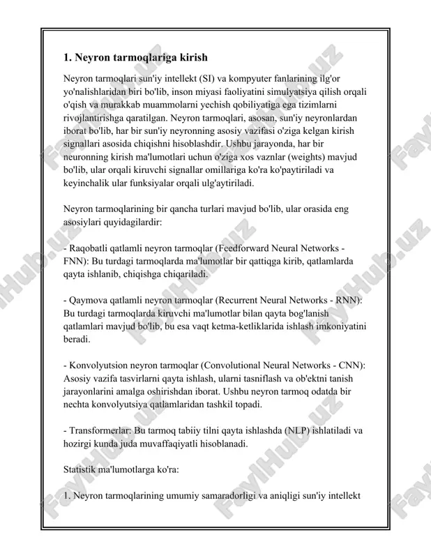 ngan xizmalar, masalan, youtube, netflix va spotify kabi platformalar foydalanuvchilarning xatti-harakatlarini aniqlab, tavsiyalarni taqdim etishda ishlaydi. neyron tarmoqlarining muhim afzalliklari orasida ularning katta hajmdagi ma'lumotlarni qayta ishlash qobiliyati va yuqori darajadagi maqbul yechimlarni topish qobiliyatlari mavjud. shuningdek, ular yangi ma'lumotlarga osongina moslashishi va tezkor yuklanishi bilan ajralib turadi. lekin, ularni to'g'ri ishlatish va muvaffaqiyatli natijalarga erishish uchun ko'plab o'qitish va optimallashtirish jarayonlari talab etiladi, bunga esa katta hajmdagi ma'lumotlar va yuqori hisoblash qudrati zarur. bu esa kompyuter resurslariga bo'lgan talabni oshiradi. yuqorida keltirilgan ma'lumotlar neyron tarmoqlarining keng qo'llanilishi va samaradorligini aks ettiradi.uning rivojlanishi davom etmoqda va bu boradagi izlanishlar kelajakda yanada ko'proq rivojlanishlarni olib kelishi kutilmoqda. 2. xopfill neyron tarmog‘i tuzilishi xopfill neyron tarmog‘i — asosiy neyron tarmog‘i strukturasi bo‘lib, asosan bir nechta qatlamlardan iborat bo‘ladi. ushbu tarmoq sun'iy intellekt va mashinani o‘qitish sohasida keng qo‘llaniladi. xopfill neyron tarmog‘i xx asrda jon xopfill tomonidan ishlab chiqilgan va ular orqaga yoyilish …
