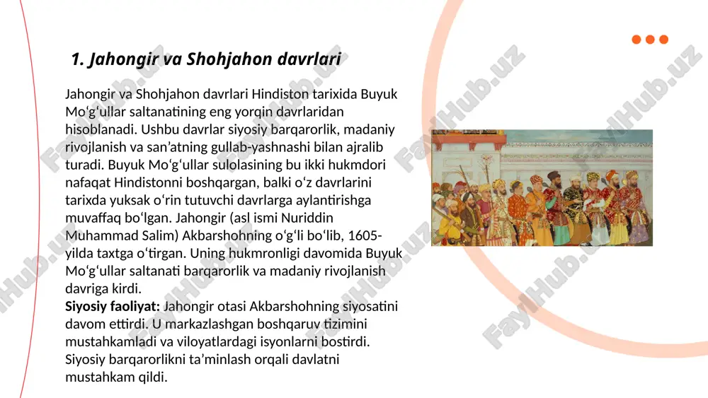 davr imperiyaning siyosiy barqarorlikka erishishi, hududiy kengayish va iqtisodiy yuksalishi bilan ajralib turadi. siyosiy rivojlanishda buyuk mo‘g‘ullar imperiyasining boshqaruv tizimi muhim rol o‘ynadi. akbarshoh davrida markazlashgan boshqaruv tizimi shakllantirilib, viloyatlarni boshqarish uchun mahalliy hokimlar tayinlangan. ushbu tizim davlat ichidagi barqarorlikni ta’minlashga xizmat qildi. akbarshohning diniy bag‘rikenglik siyosati ham siyosiy barqarorlikka katta hissa qo‘shgan. u barcha din vakillarining teng huquqlarini tan olib, musulmon va hind aholisi o‘rtasidagi ziddiyatlarni yumshatgan. jahongir va shohjahon davrida esa otasining siyosatini davom ettirgan holda dinlararo tinchlikni saqlash, ichki nizolarni bartaraf etish va markazlashgan davlat boshqaruvini mustahkamlashga alohida e’tibor qaratilgan. ... t.me/slaydai_bot imperiyaning tashqi siyosati ham juda muvaffaqiyatli edi. akbarshohning harbiy yurishlari orqali imperiyaning hududi sezilarli darajada kengaygan. shohjahon va avrangzeb davrida bu hududlar yanada kengaytirilib, butun hindiston yarimoroli deyarli imperiyaning nazorati ostida bo‘lgan. tashqi siyosatda qo‘shni davlatlar bilan diplomatik aloqalar o‘rnatilib, savdo yo‘llari nazorat qilingan. bu esa imperiyaning siyosiy mavqeini mustahkamlashga yordam bergan. iqtisodiy rivojlanishda buyuk …