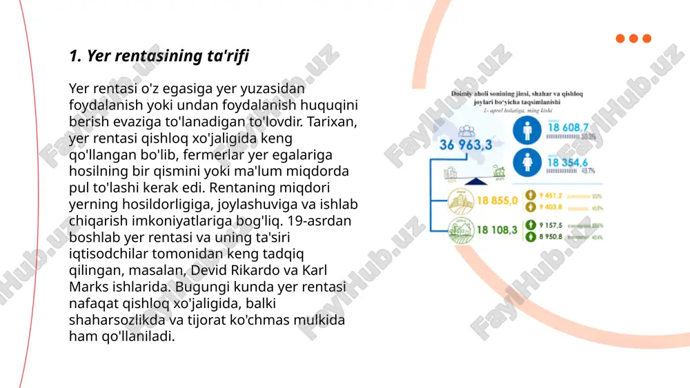 hosil berib, yuqori renta keltiradi. 18-asr oxiri va 19-asr boshida agrar inqilob va sanoat inqilobi davrida yer rentasi tushunchasi yanada rivojlangan. rentaning miqdori, odatda, bozor narxi va yerning tabiiy xususiyatlariga bog'liq. ... t.me/slaydai_bot 7. renta va renta munosabatlari renta – bu yer yoki boshqa tabiiy resurslardan foydalanish uchun to‘lanadigan haq. yer rentesi uch turga bo‘linadi: differensial, absolyut va monopol renta. differensial renta serhosil yerlar foydasidan keladi; absolyut renta esa har qanday yer egaligida olinadi. evropa mamlakatlarida renta tushumi umumiy davlat daromadlarining 3-5%ni tashkil qiladi. o‘zbekistonda qishloq xo‘jaligi yer maydonlarining 50%dan ortig‘i rentaga ega. renta munosabatlari yer resurslarini samarali boshqarish va resurslardan optimal foydalanishni ta’minlashi lozim. 2022 yilda o‘zbekiston yalpi ichki mahsulotida qishloq xo‘jaligining ulushi 27%ni tashkil qilgan bo‘lib, renta iqtisodiyotning ushbu sektorida muhim ahamiyatga ega. ... t.me/slaydai_bot renta va sug'urta munosabatlari ikki iqtisodiy tushunchadir. renta ko'plab mamlakatlarda yer egaligidan olinadigan daromad bo'lib, yer narxining o'sishi yoki ijaradagi farqdan kelib chiqadi. …