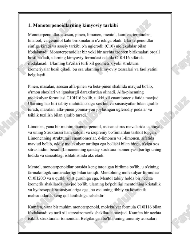 a qarab monotsiklik va politsiklik shakllarga ega bo'lishi mumkin. atsiklik monoterpenoidlar esa tsiklsiz monoterpenoid turlarini ifodalaydi. ushbu birikmalar ko'plab o'simliklar va mevalarda uchraydi va ular o'simliklar himoyasida va ekologik hamkorlikda muhim rol o'ynaydi. atsiklik monoterpenoidlar orasida eng ko'p uchraydiganlari geraniol, linalool, va neral hisoblanadi. har birining o'ziga xos xushbo'y hidi va o'simlik biologiyasida alohida roli mavjud. masalan, geraniol roza gulida, limon va boshqa sitrus mevalarida mavjud bo'lib, u o'zining gulga xos ifori bilan mashhur. ushbu qo'shma modda atirlar va kosmetika sanoatida keng foydalaniladi. kimyoviy formulasi c10h18o bo'lgan geraniolning molekulyar vazni 154.25 g/mol tashkil etadi. alifatik monoterpenoidlar ham xuddi shunday organik tarkibni ko'rsatadi, lekin ularning uglerod zanjirlari to'g'ri yoki tarmoqlangan bo'lishi mumkin. bu turdagi monoterpenoidlar o'z ichiga masalan, myrrh, elemi va boshqalarni oladi. ushbu birikmalar ham ko'pincha farmatsevtika, oziq-ovqat va parfyumeriya sohalarida muhimdir. linalool, yana bir muhim atsiklik monoterpenoid, lavanda, reyhan va rasmiy gulchayda uchraydi. bu birikma nafaqat xushbo'yligi uchun, balki …
