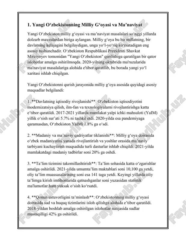itektura yodgorliklari, masjidlar, madrasalar va qadamjolar mavjud. ularni tiklash va avlodlar uchun saqlab qolish muhim vazifalardan hisoblanadi. soʻnggi yillarda hukumat tomonidan yuzlab tarixiy obidalar restavratsiya qilinib, qayta ochib berildi. 2. **anʼanaviy xalq hunarmandchiligi va sanʼatlarini rivojlantirish**: oʻzbekistonda anʼanaviy hunarmandchilik – bu naqsh solish, kashtadoʻzlik, keramika, yogʻoch oʻymakorligi, zargarlik kabi turli sohalarni oʻz ichiga oladi. shu maqsadda turli koʻrgazmalar, yarmarkalar tashkil etilib, hunarmandlar oʻz mahsulotlarini ko‘rsatish va sotish imkoniyatiga ega bo‘ladilar. shuningdek, "hunarmand" uyushmasi orqali ustalar qo‘llab-quvvatlanib, ularning tajribalari oʻrganiladi va yoshlarga oʻrgatiladi. 3. **milliy musiqani targʻib qilish va rivojlantirish**: oʻzbekistonda milliy musiqa janrlari, masalan maqom, dostonchilik rivojlanmoqda va bu yoʻnalishda turli maqom festival va tanlovlari tashkil etiladi. oʻzbekiston davlat konservatoriyasi va boshqa musiqiy taʼlim muassasalari orqali yosh isteʼdodlar tarbiyalanadi. 4. **milliy bayramlar va tantanalarni nishonlash**: milliy anʼanalarni qayta tiklashda bayramlar muhim rol oʻynaydi. masalan, navroʻz, mustaqillik kuni va boshqa milliy bayramlar keng nishonlanib, ularning tarixiy va madaniy ahamiyati yoshlarga yetkaziladi. …