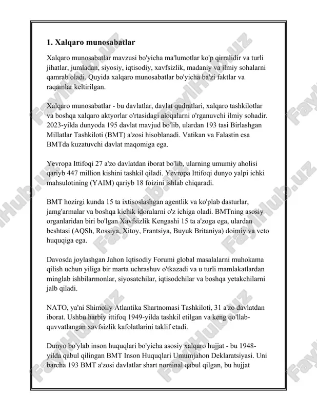 shiriladi. dunyo miqyosida birlashgan millatlar tashkiloti (bmt), yevropa ittifoqi (yi), xalqaro valyuta jamg‘armasi (xvj) va jahon savdo tashkiloti (jst) kabilari diplomatik aloqalar va xalqaro siyosatni shakllantiruvchi muhim tashkilotlardir. #### 2. davlatlar o‘rtasida elchixonalar soni o‘zbekiston diplomatik aloqalarni rivojlantirishda faol ishtirok etadi. jumladan, mamlakat 2021 yil holatiga ko‘ra 130 dan ortiq davlatlar bilan diplomatik aloqalar o‘rnatgan. o‘zbekistonning qariyb 50 ta mamlakatda elchixonasi faoliyat yuritmoqda. dunyo bo‘yicha esa birlashgan davlatlar elchixonalari eng ko‘p bo‘lib, aqshning taxminan 190 ta mamlakatda elchixonalari mavjud. xitoyning ham diplomatik aloqalari keng bo‘lib, u global miqyosda taxminan 169 ta elchixonaga ega. #### 3. konsulliklar va ularning ahamiyati konsulliklar ham diplomatik aloqalar tizimining muhim qismi bo'lib, bir davlatning fuqarolariga boshqa davlatda yordam berish va xizmat ko‘rsatishga mo'ljallangan. o‘zbekistonning konsulliklari ko‘plab mamlakatlarda faoliyat ko‘rsatmoqda, xususan rossiya, aqsh, germaniya kabi davlatlarda. dunyo miqyosida germaniya taxminan 350 dan ortiq konsullikka ega bo‘lib, bu evropada eng yuqori ko‘rsatkichlardan biridir. #### 4. savdo hajmi …