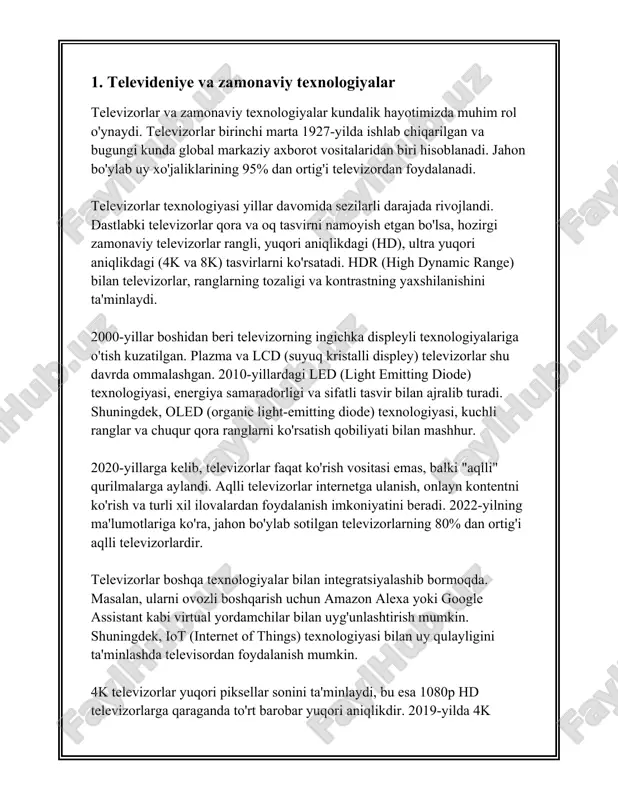 ldi. bu o‘zbek televideniyesining dastlabki qadamlaridan biri hisoblanadi. dastlabki ko‘rsatuvlar haftada 2 marta va 2 soatdan davom etgan. signal hajmi 100 km radiusda tarqalgan. 1957-yilda o‘zbekiston televideniyesi o‘z dasturlarini haftada 5 marta va har kuni kechki soatlarda efirga uzatishni boshladi. 1958-yilga kelib, toshkentdan tashqari toshkent viloyatining ba'zi hududlarida ham efirga uzatiladigan bo‘ldi. 1966-yil 26-apreldagi toshkent zilzilasi paytida televideniye faoliyatida qisqa uzilishlar kuzatilgan bo‘lsa-da, dastur uzluksizligini tiklashga alohida e'tibor qaratildi. shu davrda televideniye tizimlarini modernizatsiya qilish ishlari boshlandi. 1970-yillarda o‘zbekistonning boshqa hududlarida ham televizion stansiyalar ochila boshlandi. masalan, 1974-yilda samarqandda, 1975-yilda buxoroda televizion markazlar ishga tushirildi. bu esa o‘zbekistonning qishloq hududlarida ham televideniyega bo‘lgan qiziqishni oshirdi. 1980-yillar o‘zbekiston televideniyesi uchun o‘sish va rivojlanish davri bo‘ldi. 1985-yilda respublika televideniyesi haftasiga 40 soatdan ortiq dastur uzatishni yo‘lga qo‘ydi. bu davrda rangli televideniye ham keng ommalashib bordi. 1991-yilda o‘zbekiston mustaqillikka erishgandan so‘ng, televideniye tizimida tub o‘zgarishlar boshlandi. mustaqillikdan keyin milliy telekanallar tashkil etila boshladi. …