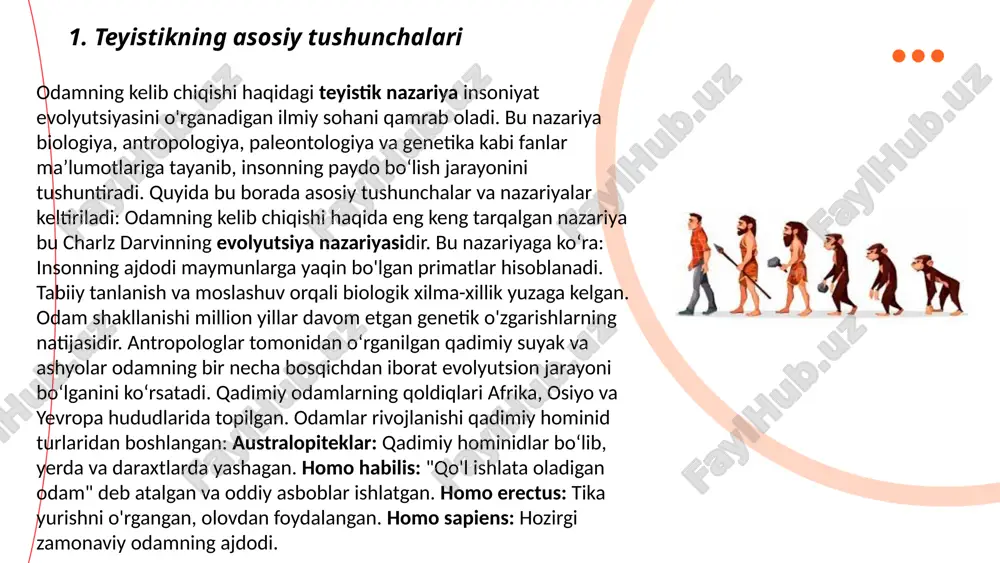 mlarning ikki oyoqda yurishi ularning qo‘llarini ish uchun bo‘sh qoldirgan. bosh miya hajmining oshishi: bosh miya evolyutsiyasi murakkab fikrlash va ijod qilish qobiliyatlarini rivojlantirgan. til va muloqot: til rivojlanishi odamlar o‘rtasidagi ijtimoiy aloqalarni kuchaytirgan. asboblar yasash: asbob-uskunalar va qurollar yasash insonning hayot sifatini yaxshilagan. dastlabki jamiyatlarda ovchilik va yig‘uvchilik asosiy faoliyat bo‘lgan. dehqonchilik va chorvachilikning paydo bo‘lishi odamlarning joylashuvini va jamiyat tuzilishini o‘zgartirgan. san’at, diniy e’tiqod va yozuvning rivojlanishi madaniy taraqqiyotning yuksak bosqichlarini ifodalaydi. ... t.me/slaydai_bot 5. teyistik analogiyalar - bu matematikada va boshqa fanlarda qo'llaniladigan metod bo'lib, u muayyan shartlar ostida joriy analogiyalarni izohlash va baholash uchun ishlatiladi. bu usulda matematik modellar yoki formulalar orqali real jarayonlar yoki obyektlar o'xshashliklari tahlil qilinadi. masalan, fizik tizimlar, iqtisodiy modellar, biologik jarayonlar va boshqalarning analogiyalari tuzilib, ularning ishlashi yoki rivojlanishini better tushunishga yordam beradi. teyistik analogiyalarni qo'llash orqali murakkab muammolarni soddalashtirish va ularning nazariy va amaliy jihatlarini chuqurroq o'rganish mumkin. ... t.me/slaydai_bot …