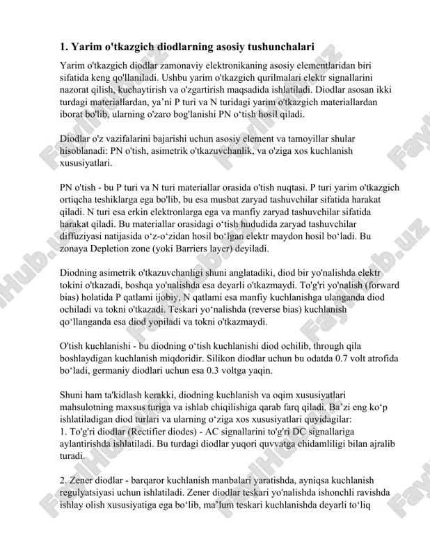 ga boʻlib, ma’lum teskari kuchlanishda deyarli to‘liq o‘tkazuvchanlik holatiga o‘tadi. 3. led diodlar (light emitting diodes) - yorug'lik hosil qilish uchun ishlatiladi. led diodlar turli xil ranglarda bo'lishi mumkin va ularda energiya samaradorligi yuqori darajada. 4. schottky diodlar - past zaryad tashlash o‘tkirligi va yuqori tezlikda ishlay olish xususiyatlari bilan mashhur. yuqori chastotali elektron davrlarda qo’llaniladi. diodning haroratga bog‘liq xususiyatlari ham muhimdir. harorat oshgan sari diodning pn o‘tish kuchlanishi biroz kamayadi, bu esa terminallarning tavsiflariga ta’sir ko‘rsatishi mumkin. qisqacha, yarim o'tkazgich diodlar zamonaviy elektronikaning muhim asosini tashkil qiladi va ko'plab qo'llanilish sohalarida, jumladan, konvertatsiya, stabilizatsiya, signalni qayta ishlanishi va ko'plab boshqa elektron vazifalarda foydalaniladi. bu ularni elektron davrlarning ajralmas qismi qiladi. 2. p-n o'tish diodlari p-n o'tish diodlari yarimo'tkazgichlar texnologiyasida muhim rol o'ynaydi. ular elektr toki yo'nalishini boshqarib, turli elektron qurilmalarda foydalaniladi. p-n o'tish diodlari aslida p-tipi va n-tipi yarimo'tkazgich materiallarining o'zaro bog'lanishidan hosil bo'ladi. p-tipi yarimo'tkazgichda ortiqcha teshiklar, n-tipi …