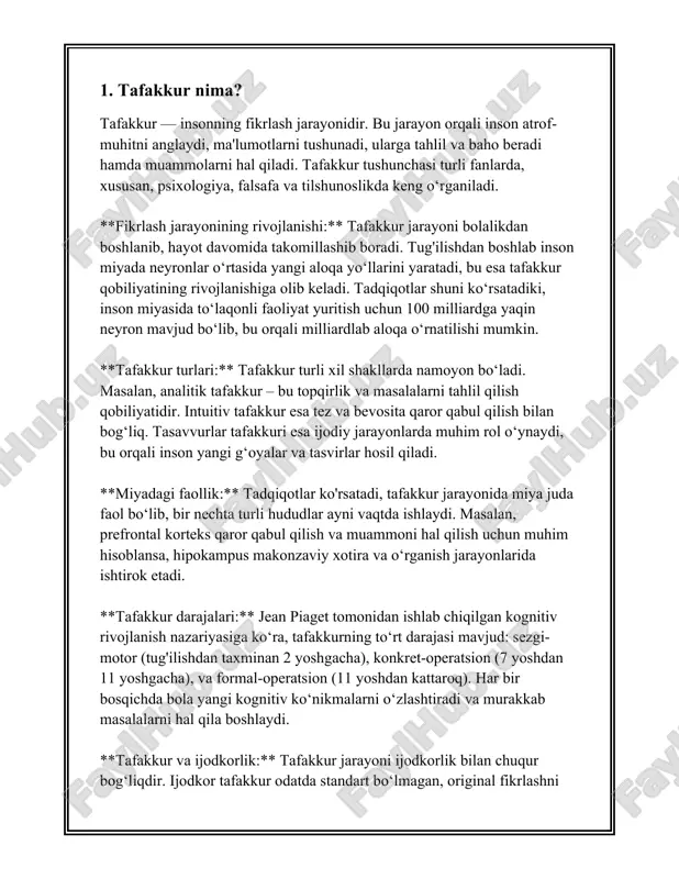 iga oladi. buni amalga oshirishda inson miyasi yuqori darajada faollashadi. tafakkurning ahamiyatini tushunish uchun ayrim muhim faktlar va statistik ma’lumotlarga murojaat qilamiz. avvalo, tafakkur insonning yashash va rivojlanishda asosiy vositalardan biri hisoblanadi. har bir inson kuniga 60,000 dan 80,000 gacha tuzatish mumkin tushunchalar shakllantirishi mumkin, bu esa kuniga 40-55 ta qabul qilinadigan qator ilohiy yoki axborot integratsiyasini o‘z ichiga oladi. bu jarayon har bir insonning individual maqsadlariga, intilishlariga va qiziqishlariga mos ravishda amalga oshiriladi. tafakkur rivojlanishi insonning yashash sharoitlari va zamon talablariga bog‘liq. masalan, ta’lim darajasi yuqori bo‘lgan jamiyatlarda insonlar tafakkur jarayonlari yanada rivojlangan bo‘lishi kuzatiladi. dunyodagi rivojlangan davlatlarda o‘quv aholi darajasi 95% dan ortiqni tashkil qiladi. bu esa iqtisodiy, ilmiy va madaniy taraqqiyotga bevosita tasir ko‘rsatadi. ilm-fan so‘yuzlari ta’kidlaydi, insonning tafakkur qilish qobiliyati asosan uning miyasi yardamida amalga oshiriladi. bu jarayonda miya neyronlarining soni va ular orasidagi bog‘lanishlar katta ahamiyat kasb etadi. inson miyasida taxminan 86 milliard neyron mavjud …