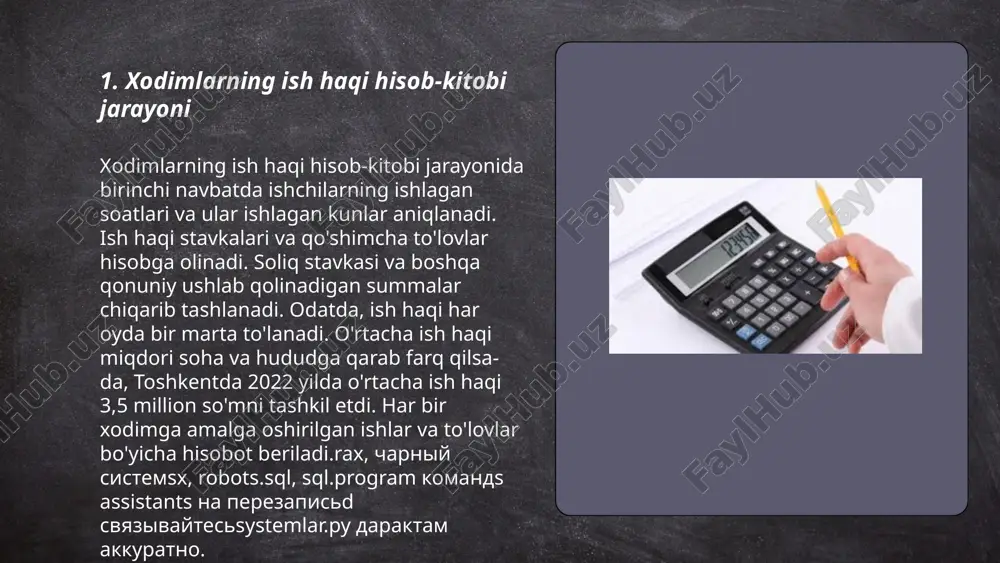 si 90-moddasiga ko'ra, barcha ish beruvchilar xodimlar haqida to'liq ma'lumotlarni saqlashi shart. va kadrlar hisobi xodimlarning soni, yo'qligi va qachon ishdan chiqqanini qayd etish imkonini beradi. mehnat daftarchasi yo'qligi yoxud noto'g'ri yuritilishi qonunchilikda jarimalar bilan jazolanadi. har bir ish bilan ta'minlovchi ushbu hujjatlarni o'n yil davomida saqlashi kerak. ... t.me/slaydai_bot 7. xodimlar uchun imtiyozlar va kompensatsiyalar xodimlar uchun imtiyozlar va kompensatsiyalar tizimi ko'pincha mehnat unumdorligini oshirish va xodimlarni rag'batlantirishga qaratilgan. ushbu tizimga quyidagilar kiradi: sog'liqni saqlash sug'urtasi, nafaqa jamg'armalari, ta'tillar (o'rtacha 15-30 kun), yillik mukofotlar, transport kompensatsiyalari, oziq-ovqat subsidiya va o'qish uchun to'lovlar. o'zbekistonda davlat xizmatchilari uchun maxsus imtiyozlar va pensiya ta'minoti mavjud. xalqaro kompaniyalarda esa ko'pincha kengroq kompyuter texnologiyalari, treninglar, va chet elda ishlash uchun imkoniyatlar taqdim etiladi. har bir xodim uchun ajratiladigan imtiyozlar hajmi va turi kompaniyaning moliyaviy imkoniyatlariga qarab belgilanadi. ... t.me/slaydai_bot kasb kasalliklari — bu ish joyidagi salbiy omillar ta'sirida rivojlanadigan kasalliklar. oʻzbekistonda, masalan, ishchilar orasida …