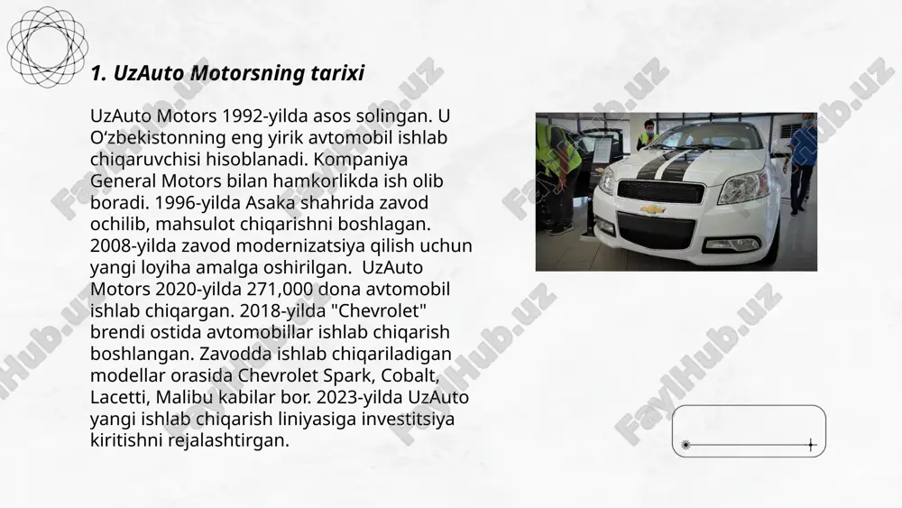 uniy maqsad: global miqyosda ekologik bardoshli xizmatlarni qo‘llab-quvvatlashga intilish. ... t.me/slaydai_bot 7. uzauto motorsning ichki bozordagi roli uzauto motors oʻzbekistonning avtomobil sanoatida yetakchi kompaniyalardan biri hisoblanadi. 2022-yilda kompaniya ichki bozorda 300 mingdan ortiq avtomobil sotishni maqsad qilgan edi. uzauto motors o'zbekistonda ishlab chiqarilgan avtomobillar ulushining qariyb 95 foizini tashkil etadi. 2021-yil davomida kompaniya qariyb 270 mingta avtomobil ishlab chiqarishni amalga oshirdi va bu raqamlarning 70 mingga yaqini eksport qilindi. hozirgi vaqtda oʻzbekistonda ishlab chiqariladigan avtomobillar modellari orasida chevrolet kabi brendlar yetakchilik qilmoqda. uzauto motors'ning yangi modellar va innovatsion texnologiyalarni joriy etish orqali ichki bozordagi mavqeini mustahkamlash maqsadi bor. ... t.me/slaydai_bot uzauto motors kompaniyasining ishlab chiqarish quvvatlari yillik 300,000 dona avtomobil ishlab chiqarishga mo‘ljallangan. zavod andijon viloyatida joylashgan va kompaniya 1992-yilda tashkil etilgan. 2021-yilda kompaniya 270,000 dona avtomobil ishlab chiqargan. bu yutuq mahsulotlar sifatini oshirish va yangi texnologiyalarni joriy qilish natijasi hisoblanadi. asosiy ishlab chiqarilayotgan modellarga chevrolet lacetti, cobalt, malibu, va …