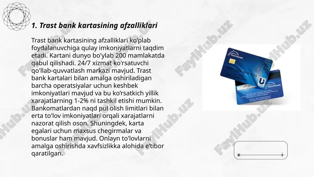 iflarga qarab farqlanadi. trast bankning o‘z bankomatlaridan naqd pul olishda xizmat haqi 0,5% dan 1% gacha bo‘lishi mumkin. cheklovlar va xizmat haqini bilish uchun bank bilan bog‘lanishni tavsiya etiladi. ... t.me/slaydai_bot 7. trast bank kartasining foiz stavkalari trast bank kartalarining foiz stavkalari turli turlari bo'yicha o'zgaradi. odatda, iste'mol kreditlari uchun yillik foiz stavkasi 24% va 28% atrofida bo'lishi mumkin. kredit limitidan foydalanish uchun oylik yoki yillik xizmat haqi ham olinadi. naqd pul olishda yoki avtomatlar orqali mablag' yechishda qo'shimcha komissiya ham belgilanishi mumkin, bu odatda 1% dan 3% gacha bo'lishi mumkin. har bir karta turi va kredit mahsuloti uchun aniq stavkalar bankning rasmiy saytida yoki mijozlarga xizmat ko'rsatish bo'limida ma'lum qilinadi. bank bilan bog'lanish orqali to'liq ma'lumot olish tavsiya etiladi. ... t.me/slaydai_bot trast bank kartalari uchun limitlar mijozlarning turiga va karta variantiga qarab farqlanadi. odatda, trast bankining oddiy kartalari uchun naqd pul olish limiti 3,000,000 so'mgacha, kunlik xarajatlar limiti esa …
