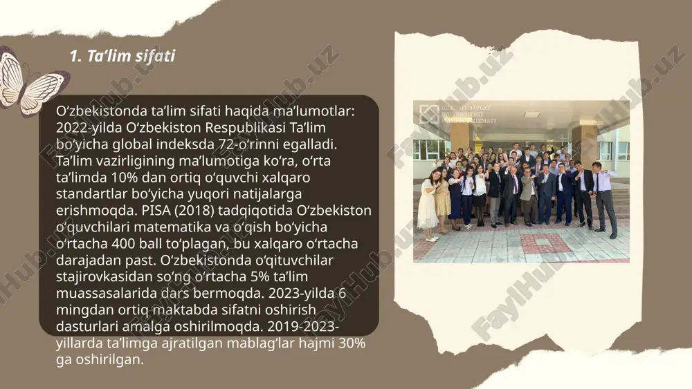 'rsatishicha, yoshlarning 80% dan ortig'i ijtimoiy tarmoqlar orqali yangiliklarni qabul qiladi. biroq, ijtimoiy tarmoqlar ortiqcha foydalanilganda, psixologik va jismoniy salomatlikka salbiy ta'sir ko'rsatishi mumkin. o'rganishlar asosida, internetga bog'liqlik darajasi oshib bormoqda, bu esa ijtimoiy aloqalar va odamlar orasidagi munosabatlarga ta'sir qilmoqda. shu mavzuda yetakchi tadqiqotlar tarmoqlarni mas'uliyatli foydalanishga chaqirmoqda. ... t.me/slaydai_bot 7. kasbiy yo‘nalish va tanlovlar "kaspiy yo‘nalish va tanlovlar" mavzusi zamonaviy mehnat bozori talablariga muvofiq kasb tanlashni o‘z ichiga oladi. o‘zbekiston ta’lim tizimida talabalar uchun 1000 dan ortiq turli kasbiy yo‘nalishlar mavjud. ular orasida axborot texnologiyalari, qurilish, muhandislik, tibbiyot, iqtisodiyot kabi sohalar yetakchi o‘rinda turadi. har yili minglab yoshlar o‘z qiziqish va qobiliyatlariga mos ravishda ushbu yo‘nalishlarni tanlaydilar. 2022-yilda o‘zbekistonda oliy ta’lim muassasalarida qabul 1,5 milliondan ortiq talabalarga yetdi. o‘quvchilar uchun kasb tanlovida onlayn-platformalar va kasbiy yo‘naltirish ko‘rgazmalari kabi imkoniyatlar tatbiq etilmoqda. ... t.me/slaydai_bot atrof-muhit va ekologiya insoniyatning eng muhim masalalaridan biri hisoblanadi. eng asosiy muammolardan biri havo ifloslanishi …