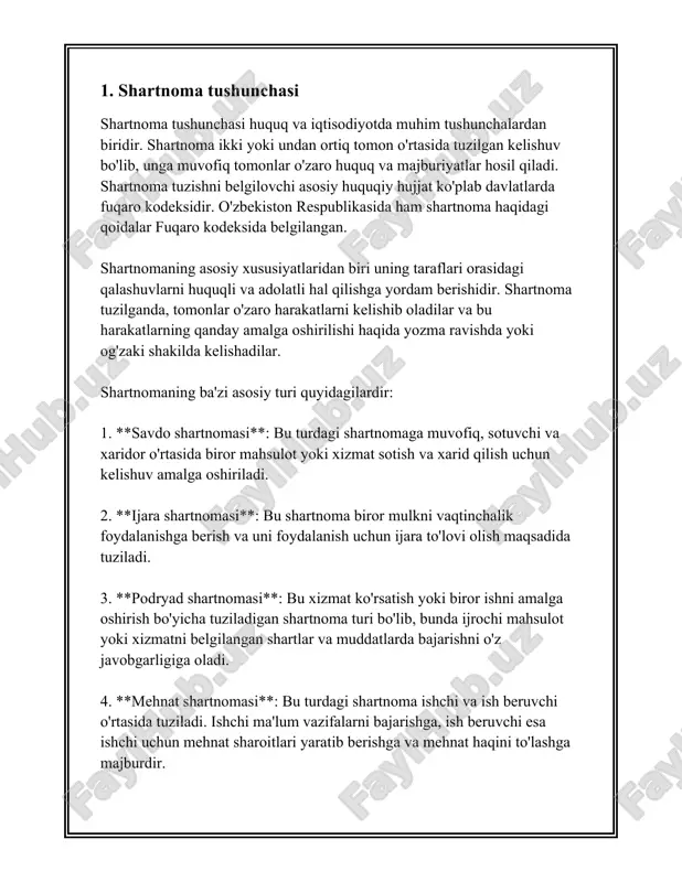 kelishuv, huquqni muhofaza qilish va majburiyatlarni bajarishni ta'minlashi kerak. 2. shartnoma elementlari shartnoma elementlari haqida ma'lumot berishdan avval, shartnoma nima ekani va uning asosiy tushunchalarga ega bo'lishi kerakligini bilib olish muhimdir. shartnoma — bu huquqiy majburiyatlarni o'z ichiga olgan ikki yoki undan ortiq tomon orasidagi kelishuvdir. shartnomalar turli xil shakllarda va o'lchamda bo'lishi mumkin, lekin ularning barchasi asosiy elementlarga ega bo'lishi kerak. quyida shartnoma elementlari haqida muhim ma'lumotlar keltirilgan: 1. **tomonlar**: shartnoma kamida ikki tomon orasida tuziladi. har bir tomonning huquqiy layoqatiga ega bo'lishi kerak, ya'ni ma'lum yoshga yetgan va huquqiy huquq va majburiyatlarni tushunish imkoniyatiga ega bo'lgan shaxs yoki tashkilot bo'lishi lozim. 2. **kelishuv**: bu shartnoma tuzish jarayonida tomonlar o'rtasida erishilgan o'zaro fikr-mulohazalarni o'z ichiga oladi. bu element kelishuv mumkin bo'lgan shartlari va barchaning rozi bo'lishini anglatadi. 3. **xulosa**: tomonlar o'rtasida tuzilgan shartnoma bajarilishi yoki amalga oshirilishi shart bo'lgan natijalarni taqdim etadi. bu natijalar aniq va tushunarli shaklda bayon …