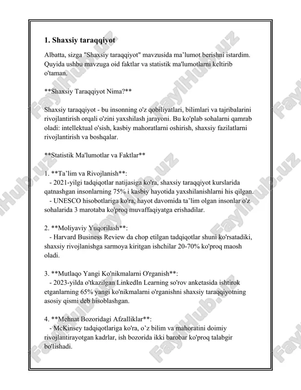 bu ularga yangi joylarda yoki yangi jamoalarda muvaffaqiyatli faoliyat olib borishga yordam beradi. 2. **o'zini o'zi anglash**: shaxsning o'ziga xos xususiyatlaridan biri o'zini o'zi anglash darajasidir. o'zini o'zi anglash qobiliyati yuqori bo'lgan odamlar o'zlarining his-tuyg'ularini, kuchli va zaif tomonlarini yaxshi bilishadi. 3. **emotik barqarorlik**: bu shaxsning stress va bosimga qarshi turish qobiliyatini o'lchaydi. emotik barqarorlik yuqori bo'lgan shaxslar murakkab holatlarga bardoshli bo'lishadi va o'z hissiyotlarini boshqarishda kuchliroq bo'lishadi. 4. **yangi tajribalarni qabul qilish**: boshqa bir muhim xususiyat insonning yangilikka ochiqligi darajasidir. bu xususiyat yangi bilimlar va tajribalar orttirishga, innovatsiyalarga tayyor bo'lish darajasini belgilaydi. 5. **ijtimoiylik**: bu shaxsning boshqa odamlar bilan qanday munosabatda bo'lishini belgilaydi. ijtimoiy bo'lgan odamlar ko'pincha do'stona, ochiq, suhbatdosh va jamoaviy faoliyatlarga moyil bo'lishadi. 6. **samaradorlik**: samaradorlik shaxsning maqsadlarini amalga oshirishda izchillikni ko'rsatsa, bu uning o'ziga xos xususiyatlaridan biridir. maqsadga yo'naltirilgan harakatlar, mehnatsevarlik va mas'uliyat tuyg'usi buni tavsiflaydi. 7. **yaxlitlik va ishonchlilik**: bu xususiyatlar shaxsning to'g'ri va adolatli …