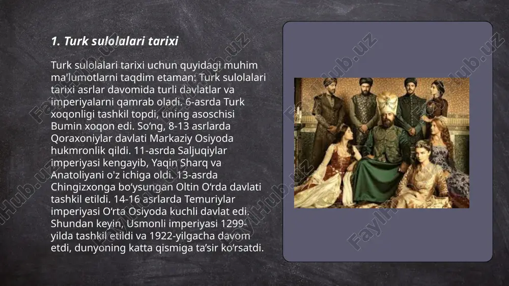 vjud bo‘lib, ular o‘zlarining qahramonliklari va dono siyosatlari bilan tarixda iz qoldirganlar. ushbu ayollar borte xaqonlari davrining ahamiyatli qismi hisoblanadi. ... t.me/slaydai_bot borte sulolasiga mansub ayollarning siyosatdagi ishtiroki asosan mo‘g‘ul imperiyasining kengayish davrida muhim rol o‘ynagan. ushbu davrda qadimgi mo‘g‘ul jamiyatida ayollar siyosiy masalalarda faollik ko‘rsatgan. ulardan biri, chingizxonning rafiqasi borte, mo‘g‘ul qabilalarini birlashtirishda va imperiya siyosatini rivojlantirishda muhim ahamiyat kasb etdi. borte sulolasidan bo‘lgan ayollar chingizxon va uning vorislariga maslahatchi bo‘lib xizmat qilgan. shuningdek, ular diplomatik elchilik va tinchlik o‘rnatishda faol ishtirok etgan. imperiya kengayishi davrida ayollarning siyosatdagi ishtiroki orqali ularning ijtimoiy ahamiyati ortdi. borte sulolasi ayollari boshqa davlatlar bilan aloqalarni rivojlantirish va ichki nizolarni hal qilishda o‘z hissasini qo‘shgan. bu ayollarning siyosiy faolligi mo‘g‘ul imperiyasi barqarorligini ta'minlashda muhim o‘rin tutdi. ... t.me/slaydai_bot 7. turk shehsiyati: borte turkanni tushunish borte turkan oʻzbek tarixida muhim shaxslardan biri hisoblanadi. u movarounnahr hududida yashagan va bu yerda turk madaniyati va anʼanalari yetakchilari …