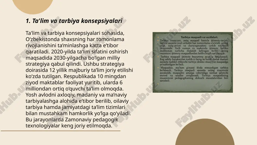 ’lim-tarbiya berish bilan shug‘ullanadi. shu yo‘sinda milliy va universal qadriyatlar aro uyg‘unlikni shakllantirishga e’tibor qaratiladi. ... t.me/slaydai_bot boshlang'ich ta'limda tarbiya uslublari muhim ahamiyatga ega, chunki ular bolalarning shaxsiy va intellektual rivojlanishiga ta'sir qiladi. asosiy uslublardan biri o'yin orqali o'rganishdir, bu esa 6 yoshdan 10 yoshgacha bo'lgan bolalar uchun mos keladi. shu yosh oralig'ida tarbiyaviy jarayonlar orqali ahloqiy me'yorlar shakllanadi. empirik tadqiqotlar ko'rsatganidek, bolalarning 80% gacha ijtimoiy ko'nikmalari tarbiya jarayonida rivojlanadi. interaktiv dars uslublari, qo'l mehnati, va ijodiy mashg'ulotlar bolalarning diqqatini jalb qilib, 70% ga ko'proq o'zlashtirishni ta'minlaydi. har bir tarbiya uslubi bolaning individual ehtiyojlariga moslashishi lozim. ... t.me/slaydai_bot 7. o'rta va katta yoshdagi o'quvchilar tarbiyasi 7. o'rta va katta yoshdagi o'quvchilar tarbiyasi: o'rta yoshdagi o'quvchilar odatda 12-16 yosh oralig'ida bo'lib, katta yoshdagilar esa 17-19 yoshda bo'lishadi. ular qiyin va o'tish davridagi muammolarni boshdan kechirishadi. tarbiya jarayonida maqsad ularga mustaqil fikrlash, mas'uliyat hissi va muloqot ko'nikmalarini rivojlantirishdir. o'qituvchilar va ota-onalar 20-30% …