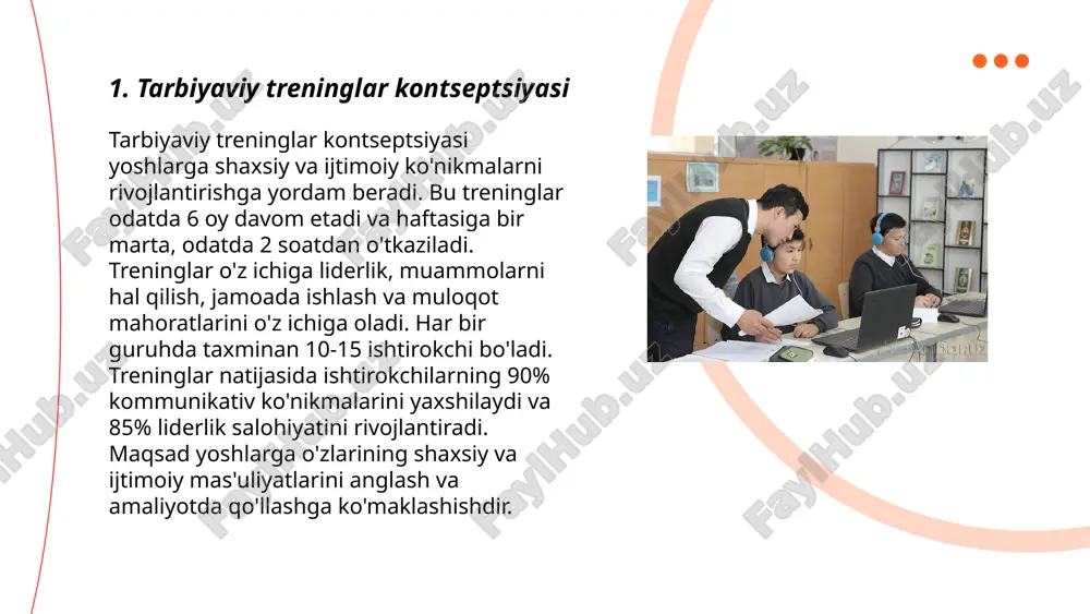 lar ko'rinishida bo'lishi mumkin. samarali jamoalarning 70% i jamoaviy ishlash bo'yicha treninglardan foyda ko'radi. ... t.me/slaydai_bot konfliktlarni hal etish bo‘yicha treninglar muhim ahamiyatga ega bo‘lib, ular turli nizolarni samarali bartaraf etishni o‘rgatadi. tadqiqotlar shuni ko‘rsatadiki, treninglar orqali nizolarni yechish qobiliyatini oshirish moyilligi 50% ga ko‘tariladi. 2021-yilgi ma'lumotlarga ko‘ra, konfliktlarni hal etish treninglarida qatnashganlarning 70% nizolarni tinch yo‘l bilan hal qilish ko‘nikmalarini rivojlantirgan. treninglar davomida ishtirokchilar samarali muloqot qilish, empatiya ko‘rsatish va nizolarni aniq tushunish bo‘yicha 40 soatlik mashg‘ulotlarda ishtirok etadi. 95% ishtirokchilar treningdan so‘ng o‘z munosabatlarini yaxshilash imkoniyatiga ega bo‘lganligi qayd etilgan. ... t.me/slaydai_bot 7. qiyinchiliklarni yengib o‘tish strategiyalari qiyinchiliklarni yengib o'tish strategiyalari turlicha bo'lishi mumkin. tadqiqotlarga ko'ra, ijobiy fikrlash, stressni boshqarish usullarini qo'llash va muammo yechishga yo'naltirilgan yondashuvlar samaralidir. statistikaga ko'ra, maqsadlarga erishishda rejalashtirishni qo'llaydigan odamlar 60% ko'proq muvaffaqiyatga erishadi. time management tadqiqotlari shuni ko'rsatadiki, samarali vaqtni boshqarish orqali produktivlik 25% ga oshadi. shuningdek, ijtimoiy qo'llab-quvvatlash tarmoqlariga ega bo'lish …