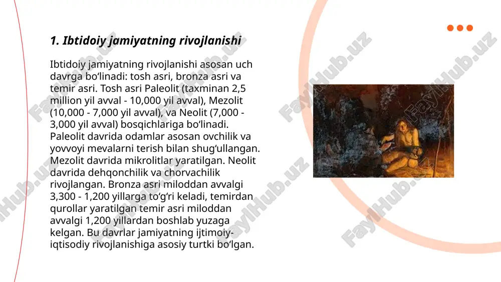 lar insoniyat tarixining dastlabki bosqichlarida shakllangan. taxminan 40,000 yil avval paleolit davrida ilk san'at asarlari paydo bo'lgan. ushbu davrga oid eng mashhur namunalar lasko (fransiya) va altamira (ispaniya) g‘or rasmlaridir. g‘or san'ati ko‘pincha hayvonlar, ov sahnalari va abstrakt belgilardan iborat edi. tasvirlar ko'pincha tosh, suyak yoki loy kabi materiallardan ishlangan. ushbu san’at asarlari o‘sha davr odamlari urf-odatlari, diniy e'tiqodlari va kundalik hayotini aks ettiradi. shu davr san'ati jahon madaniy merosining muhim qismi hisoblanadi. ... t.me/slaydai_bot 7. oziq-ovqat yig'ish va ovchilik oziq-ovqat yig'ish va ovchilik insoniyatning dastlabki yashash tarzi edi. odamlar 2,5 million yil avvaldan taxminan 12,000 yil oldingacha asosan ovchilik va yig'uvchilik bilan shug'ullanishgan. ovchilar o'q-yay yoki boshqa oddiy qurollar yordamida hayvonlarni ovlagan. yig'uvchilar meva, yong'oq, ildiz va boshqa tabiiy oziq-ovqatlarni to'plashgan. bu turmush tarzi ko'chmanchi bo'lgan, aholi o'z oziq-ovqatlarini topish uchun doimiy harakatda bo'lganlar. arxeologik topilmalar ovchilar-yig'uvchilar jamoalari kichik, 20-50 kishilik guruhlarda yashaganini ko'rsatadi. o'rtacha yashash yoshi qisqa, taxminan …