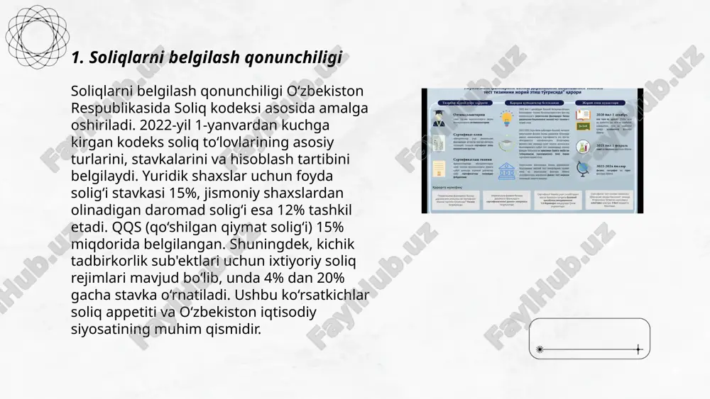 ga yuqoriroq foiz yukini soladi; yassi soliq tizimi, bunda barcha daromadlar bir xil foizda soliq to'laydi. misol uchun, progresiv tizimda daromadlari 5 million so'mdan oshganlar uchun soliq stavkasi 25%, pastroq daromadlar uchun esa 15% bo'lishi mumkin. yassi tizimda esa, har qanday daromad uchun, masalan, 18% soliq belgilanadi. bu usullar turli davlatlarda iqtisodiy siyosatdan kelib chiqib qo'llaniladi. ... t.me/slaydai_bot 7. soliq solinmaydigan daromadlar soliq solinmaydigan daromadlar o‘zbekistonda belgilangan imtiyozlar doirasidagi daromad turlarini o‘z ichiga oladi. masalan, nogironlik nafaqasi, bolalar uchun nafaqa va ijtimoiy yordam pullari soliqdan ozod qilingan. o‘zbekiston soliq kodeksi asosida, mehnatga layoqatli aholining bazaviy hisoblash miqdoridan ortiq bo‘lmagan stipendiyalar ham soliq solinadigan daromadlar qatoriga kirmaydi. bundan tashqari, jamoat birlashmalaridan olinadigan grantlar, stipendiyalar, hamda homiylik mablag‘lari ham soliqsiz daromadlar hisoblanadi. ushbu imtiyozlar iqtisodiy jihatdan kam ta’minlangan qatlamlarni qo‘llab-quvvatlashga yo‘naltirilgan. ... t.me/slaydai_bot soliqlarni undirish jarayoni o'zbekiston respublikasida davlat soliq qo'mitasi tomonidan amalga oshiriladi. soliq to'lovchilardan soliqlarni undirish jarayonida, odatda, to'rt bosqichli …