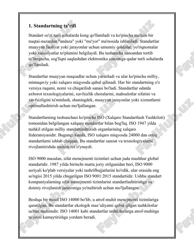 kin. xulosa qilish kerak bo'lsa, standartlar dunyoda teenologik, sanoat va iqtisodiy taraqqiyotda juda muhim o'rin tutadi. ular texnologiyalarni rivojlantirish, savdo va ishlab chiqarish jarayonlarida ortga qarab qolmaslik, hamda sifat va xavfsizlikni ta’minlash uchun xizmat qiladi. 2. standartlashtirishning maqsadlari standartlashtirishning maqsadlari, ya'ni standartlashtirish jarayonining asosiy maqsadini tushunish va uni amalga oshirish sabablarini bilish, ko'plab sohalar uchun muhimdir. standartlashtirish samaradorlikni oshirish, xavfsizlikni ta'minlash va mintaqalar o'ta keng ko'lamda muloqot qilishida asqatadi. standartlashtirish o'zining ko'p qirrali maqsadlari orqali iqtisodiy, texnik, va ijtimoiy foydalarni ham tezlashtiradi. birinchi navbatda, standartlashtirishning asosiy maqsadi ishlab chiqarish va xizmat ko'rsatishda sifatni oshirishdir. standartlar mahsulot va xizmatlarning belgilangan standartlarga mos kelganini ta’minlaydi, bu esa sifatni oshirish imkonini beradi. masalan, iso 9001 standarti sifat menejment tizimlari uchun qo'llaniladi va u tashkilotlarga o'z mahsulot va xizmatlari sifatini doimiy ravishda yaxshilashga yordam beradi. ikkinchi maqsad - xavfsizlikni ta'minlash. standartlashtirish xavfsizlik jihatidan muhim omillarni qamrab oladi, bu esa iste’molchilar va xodimlarning salomatligi va …