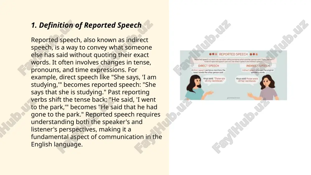 y through the discourse. ... t.me/slaydai_bot in english, time expressions in reported speech are often adjusted to reflect the change from direct to indirect speech. "today" changes to "that day," "tomorrow" becomes "the next day" or "the following day," and "yesterday" is reported as "the previous day" or "the day before." "now" is transformed into "then," while "last week" turns into "the previous week" or "the week before." similarly, "next month" becomes "the following month." these adjustments are essential to maintain the correct temporal context when shifting from direct to reported speech, ensuring clarity and accuracy in time referencing. ... t.me/slaydai_bot 7. modals in reported speech in reported speech, modal verbs change to reflect past tense. "will" becomes "would," while "can" turns into "could." for example, "she said, 'i will go'" changes to "she said she would go." similarly, "may" becomes "might." however, some modals remain unchanged, such as "could," …