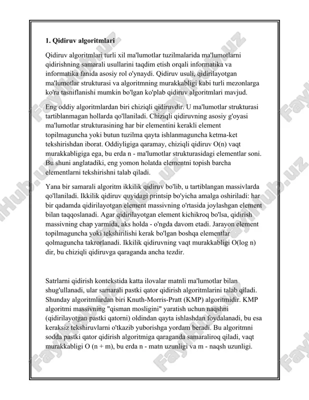lgoritm ham o'tish va grafiklarni qidirish uchun muhimdir. dfs quyidagi printsipdan foydalangan holda grafikni o'rganadi: ildiz tugunidan boshlab, algoritm orqaga qaytish va boshqa yo'llarni o'rganishdan oldin eng tashqi tugungacha chuqur boradi. bfs, aksincha, ildizdan boshlab, qo'shni cho'qqilarni tahlil qilib, grafikning har bir darajasini o'rganadi. ikkala algoritmning vaqt murakkabligi o (v + e) shaklida ifodalanishi mumkin, bu erda v - tepalar soni va e - grafikdagi qirralarning soni. ushbu qidiruv algoritmlari ma'lumotlar bazalari va qidiruv tizimlaridan tortib matn va grafiklarni qayta ishlashgacha bo'lgan turli sohalarda keng qo'llaniladi. ularning vaqtinchalik va fazoviy murakkabligini tushunish va optimallashtirish samarali dasturiy ta'minotni yaratishda asosiy rol o'ynaydi. 2. algoritmlarni qiyosiy tahlil qilish ### algoritmlarni qiyosiy tahlil qilish algoritmlarni qiyosiy tahlil qilish shunga o'xshash muammolarni hal qilish uchun turli xil algoritmlarning ishlashi, samaradorligi va resurslaridan foydalanishni baholashni o'z ichiga oladi. bunday tahlilning asosiy parametrlari vaqt murakkabligi, makon murakkabligi va amaliy samaradorlikdir. #### vaqt murakkabligi vaqt murakkabligi algoritmni …