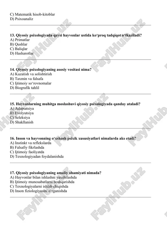 nima? 11. qiyosiy psixologiyaning asosiy fanlaridan biri nima? 12. hayvonlarning birgalikda yashashi qanday ataladi? 13. hayvonlar o‘rtasida signal almashinuv nima deb ataladi? 14. hayvonlarning yangi sharoitga o‘rgangan xatti-harakatlari qanday nomlanadi? 15. qiyosiy psixologiyada turli hayvonlarni solishtirishda asosiy mezon nima? 16. qiyosiy psixologiya qaysi olimning nazariyasi bilan rivojlandi? 17. hayvonlarning hayotiy ehtiyojlarini ta'minlash uchun qiladigan xatti-harakati nima? 18. hayvonlar o‘z xatti-harakatlarini o‘zgartirish qobiliyatiga nima deyiladi? 19. hayvonlarda hayotiy muhim xatti-harakatlarning rivojlanishi nima bilan bog‘liq? 20. hayvonlarga inson xususiyatlarini nisbat berish qanday ataladi? 7 2 10 f 1 a 20 6 8 n 12 t i 15 u 4 3 p 9 17 v t i 11 o 14 13 o a 5 i t a test javobi 1c 2a 3c 4b 5b 6b 7a 8a 9a 10a 11a 12a 13a 14a 15a 16a 17a 18a 19a 20a krasvors javobi 1 hayvon 2 darvin, 3 pavlov, 4 evolyutsiya, 5 instinkt, 6 adaptatsiya, …