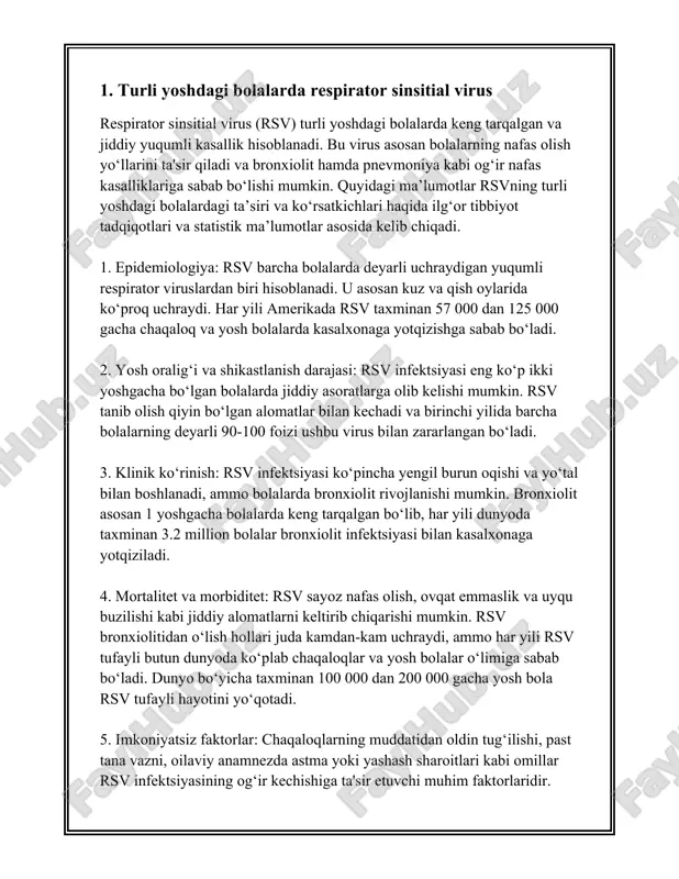 infeksiyasi, boshqa nafas olish yo‘llari infeksiyalari kabi, ko‘pincha burun oqishi va burun tıg‘ilishi bilan boshlanadi. bu alomatlar boshqa umumiy shamollash belgilariga o‘xshaganligi sababli, dastlab infeksiya rsv ekanligiga shubhalanish qiyin bo‘lishi mumkin. 2. **yo‘taldan aziyat chekishi**: ko‘p hollarda, bemorlar yo‘taldan azob chekadi. yo‘tal quruq yoki nam bo‘lishi mumkin va u uzoq davom etishi ortiqcha charchashga olib kelishi mumkin. 3. **tana haroratining ko‘tarilishi**: rsv infeksiyasiga chalingan odamlar ko‘pincha subfebril holatda bo‘ladi, ya'ni tana harorati 37-38°c orasida bo‘ladi. ba'zida, ayniqsa yosh bolalarda, isitma 38°c dan ortishi mumkin. 4. **nafas olish qiyinchiliklari**: rsv infeksiyalari nafas yo‘llarining torayishi va shishishi natijasida nafas olishni qiyinlashtiradi. bu bronxiolit bilan bog‘liq bo‘lib, ayniqsa kichik bolalarda sezilarli bo‘ladi. ular nafas olish paytida hirillash yoki "vizillash" ovozlarini chiqarishi mumkin. 5. **bezovtalik va notinchlik**: yosh bolalar va chaqaloqlar o‘zlarini noqulay his qilishadi va ko‘proq yig‘lashadi. ular asabiy va injiq bo‘lib ko‘rinishi mumkin. 6. **ozuqa olishning qiyinligi**: ovqatlanish paytida nafas olish qiyinligi …