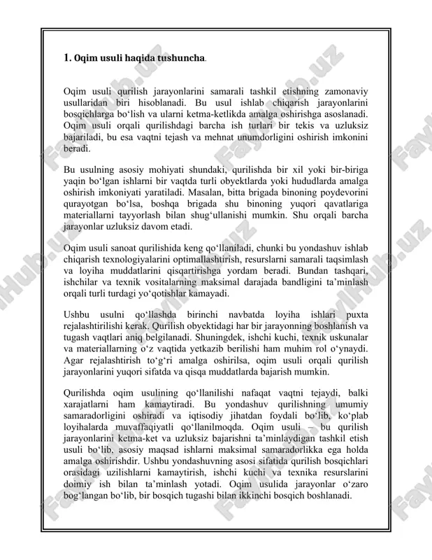 h o‘z vaqtida va sifatli bajariladi. oqim usuli iqtisodiy jihatdan ham samarali. u loyihaning umumiy xarajatlarini qisqartirishga yordam beradi, chunki ish jarayonlari uzluksiz va optimal tartibda olib boriladi. bundan tashqari, loyiha muddatlarini qisqartirish orqali foydalanuvchiga tezroq yetkazib berish imkoniyati yaratiladi. shu sababli, oqim usuli qurilishning zamonaviy va ilg‘or usullaridan biri sifatida yuqori baholanadi. mazkur usul nafaqat qurilish jarayonlarida, balki zavod, korxona va boshqa ishlab chiqarish sohalarida ham muvaffaqiyat bilan qo‘llanilmoqda. bu usulning amaliy qo‘llanilishi natijasida loyihalarning samaradorligi va sifat ko‘rsatkichlari sezilarli darajada oshadi. oqim usuli — bu qurilish jarayonlarini samarali tashkil qilish uchun qo‘llaniladigan yondashuv bo‘lib, unda har bir bosqich va jarayon bir-biriga uzluksiz bog‘lanadi. bu usul, asosan, ishlarning ketma-ket va aniq reja asosida amalga oshirilishini ta’minlaydi. oqim usuli qurilish jarayonlarining samaradorligini oshirish, vaqtni tejash va resurslardan maksimal darajada foydalanish imkonini beradi. oqim usulida ishlarning bajarilishi qat’iy reja asosida amalga oshiriladi. har bir bosqich o‘z vaqtida boshlanadi va tugaydi, bu …
