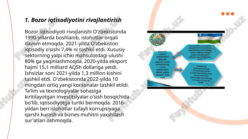 kni 15 foizga qisqartirdi. 2024-yilgacha 6000 yangi ish o‘rni yaratilishi rejalashtirilgan. ... t.me/slaydai_bot kichik va oʻrta biznes (kob) rivoji o‘zbekiston iqtisodiyotida muhim oʻrin tutadi. 2020-yilda, mamlakatda kob sub’ektlari jami yalpi ichki mahsulotning (yaim) 56,4% ni tashkil etdi. shu vaqt ichida kob sektorida band bo‘lgan ishchi kuchi soni umumiy ishchi kuchi sonining 78 foizini tashkil etdi. 2022-yilga kelib, kichik biznes sub’ektlarining soni 286 000 dan oshdi. taxminan 95% dan ziyod tadbirkorlik faoliyatlarini kob tashkil etadi. o‘zbekiston hukumati kichik va oʻrta biznesni qo‘llab-quvvatlash uchun imtiyozli kreditlar ajratmoqda, 2023-yilda bu miqdor 1,5 trillion so‘mga yetdi. bu raqamlar kichik va oʻrta biznesning iqtisodiy oʻsishda qanchalik muhim ekanligini ko‘rsatadi. ... t.me/slaydai_bot 7. innovatsion texnologiyalar joriy etish innovatsion texnologiyalar joriy etilishi bilim va taraqqiyotning yangi darajasiga olib keladi. 2020 yilda o'zbekiston hukumati raqamli iqtisodiyotni rivojlantirish maqsadida 2023 yilga borib axborot texnologiyalari sohasida 100 mingga yaqin yangi ish o'rinlari yaratishni rejalashtirdi. shu bilan birga, iqtisodiyotning turli sektorlarida …