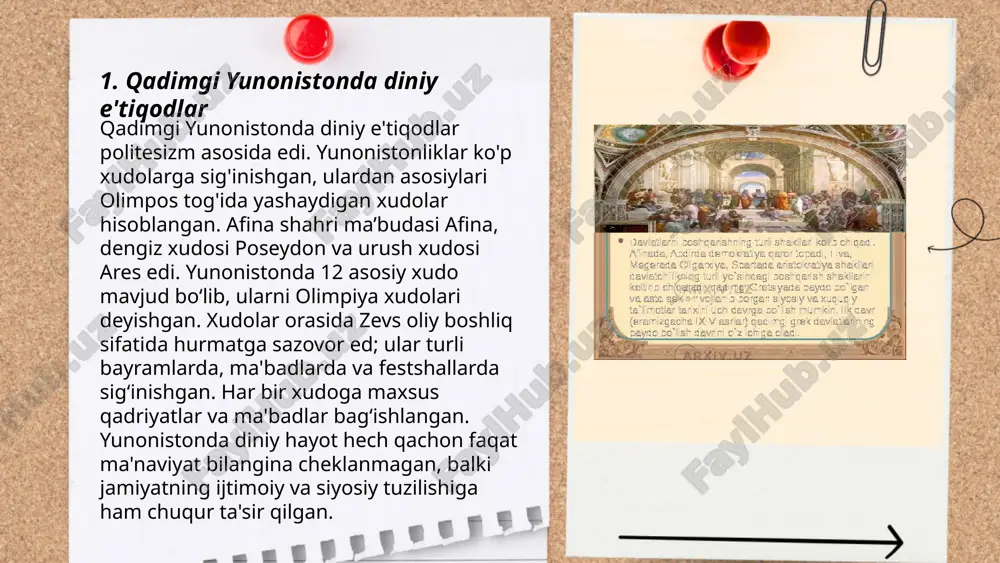 'naviy qiziquvchanlikni ifodalashda ishlatilgan. bu ikki ma'budaning hikoyalari o'rgimchaklar va keramika san'ati tarixida muhim o'rin egallaydi. atheta va araxniya timsollari madaniyat va san'at sohalarida chakana mahsulotlar ko'rinishida ham uchraydi. ... t.me/slaydai_bot 7. dionis va sharob xudosi dionis — qadimgi yunon mifologiyasida sharab va hosildorlik xudosi hisoblanadi. u zevs va semela o'g'li bo'lib, sharab yaratish va uning madaniyatiga asos solgan. dionis sharaflanib o'tkaziladigan festivallar dionisiya deb ataladi va ularda teatr, musiqa hamda raqs namoyishlari bo'lib o'tar edi. bu festivallar har yili bahorda, sharabning yangi hosili bilan bog'liq amalga oshar edi. dionis ramzlari: tok va sharab qadadi, shuningdek, jasadning qayta tirilishini ifoda etuvchi zot yosharishi ramz hisoblanadi. uning sharab bilan bog'liqligi sababli dionis insonlarning kayfiyatini yaxshilashga va erkinlik tuyg'ularini ochishga ishoniladi. ... t.me/slaydai_bot hades — qadimgi yunon mifologiyasida o'liklar dunyosining hukmdori. u zevs va poseydon bilan birga kronos va reyaning o'g'li hisoblanadi. o'liklar dunyosi asosan yer ostida joylashgan bo'lib, o'lik ruhlar ushbu …