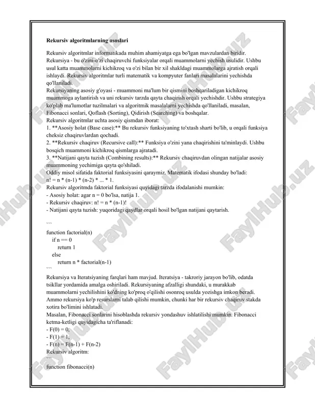 bu texnika, agar to’g’ri qo’llanilsa, murakkab muammolarni oddiy va samarali shaklda yechishda juda foydali bo’lishi mumkin. rekursiv va iterativ yechimlar rekursiv va iterativ yechimlar dasturlashda va matematikada muhim mavzular bo‘lib, masalalarni yechishda ikki xil yondashuvni tushuntiradi. **rekursiv yechimlar:** rekursiya bu funktsiyaning o‘zini o‘zi chaqirishiga asoslangan yondashuvdir. bu usul yordamida biron-bir masala kichikroq masalaga ajratilib, oxir-oqibat bazaviy holatga yetadi va o‘sha bazaviy holatdan yechim hosil qilinadi. 1. **faktorial funktsiyasi**: n faktorial (n!) rekursiv tarzda quyidagicha hisoblanadi: - n! = n * (n-1)! agar n > 0 - 0! = 1 bazaviy holat. rekursiv algoritmlar quyidagi afzalliklarga ega: - qo‘llanilishi oson, ayniqsa ayrim masalalar uchun. - kodingizni soddalashtirishi mumkin. biroq, rekursiv yechimlar resurs talab qilishi mumkin, xususan ko‘p zahira - funksiya chaqiriqlari yig‘iladi va stek xotira tez to‘lib ketishi mumkin. ba'zi masalalar uchun rekursiv yondashuv turingik rekursiya yoki dinamik dasturlash bilan optimallashtiriladi, bu xotira sarfini kamaytiradi. 2. **fibonacci qatori**: rekursiya yordamida fibonacci …