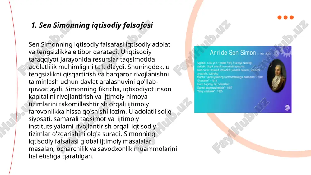 amiyatni yaratishda muhim vosita deb biladi. ... t.me/slaydai_bot meritokratiya tushunchasi ingliz sotsiologi michael young tomonidan 1958-yilda ilgari surilgan. biroq, 6-sen simon bu g'oyani yanada rivojlantirdi. meritokratiya jamiyatda qobiliyat, bilim va mehnat asosida insonlarni boshqarish yoki ularga mavqe berish tushunchasidir. bu tizimda insonlarning ijtimoiy mavqei ularning mehnati va yutuqlari asosida belgilanadi. meritokratiya falsafasi ilmiy, texnologik va iqtisodiy taraqqiyotga hissa qo'shishi mumkin, chunki u ko'proq iste'dodli shaxslarning ko'tarilishiga imkon beradi. sen simon kuzatishicha, jamiyatda yagona, tushuncha, rivojlangan adolatli boshqaruv tizimi aynan meritokratiya bo‘lib, uning malakali va mahoratli kishilarni aniqlashda samarali usul ekanini tushuntirishga intilgan. ... t.me/slaydai_bot 7. ilm-fan va sen simon nazariyalari "ilm-fan va sen simon nazariyalari" mavzusida sen simon (henri de saint-simon) fransiyaning 18-asr va 19-asr boshlarida yashagan faylasufi bo'lib, u sotsiologiya va utopik sotsializm asoschilaridan biri hisoblanadi. u ilm-fan va texnologiya jamiyatni rivojlantirishda muhim o'rin tutishini ta’kidlagan. sen simonning g'oyalari insoniyatni unumdor, ilmiy va samarali jamiyatga erishish uchun mehnatni tashkil …