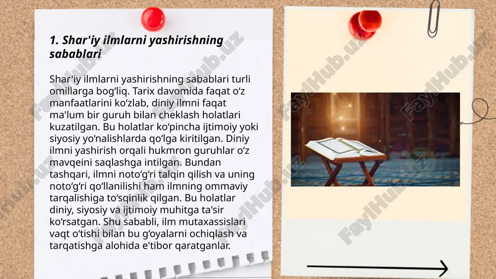 t uchun juda katta xavf tug'dirishi mumkin. ushbu ilmlar orasida nazoratdan chiqib ketishi mumkin bo'lgan biologik qurollar, kimyoviy moddalar yoki atom qurollari mavjud. masalan, atom qurolining yaratilishi faqatgina hiroshimada 140 ming, nagasakida esa 70 mingdan ortiq odamning halok bo'lishiga olib keldi. kimyoviy qurollar esa taqiqlanganiga qaramay, ba'zan foydalanilib, minglab odamlar salomatligiga zarar yetkazadi. biologik qurollar esa virus yoki bakteriyalarni qurol sifatida ishlatib, global pandemiyalarga sabab bo'lishi mumkin. yashirin ilmiy tadqiqotlarning nazoratsiz ravishda amalga oshirilishi insoniyat uchun jiddiy xavf tug'dirishini inkor etish mumkin emas. ... t.me/slaydai_bot 7. ilm olishni rag'batlantirish usullari 1. ilm olishga qiziqishni ko'paytirish uchun o'yinlar va tanlovlar tashkil etish mumkin. 2. har oy ijobiy natijalar ko'rsatgan talabalarga mukofotlar berish. 3. o'quvchilar uchun bepul qo'shimcha darslar va konsultatsiyalar tashkil qilish. 4. o'qituvchilar va muvaffaqiyatli bitiruvchilarni motivatsion suhbatlarga taklif qilish. 5. ilm-fan olamidagi yangi kashfiyotlar va texnologiyalar haqida muntazam seminarlar o'tkazish. 6. internetdagi ta'lim platformalariga chegirmalar taqdim etish. 7. talabalarni …