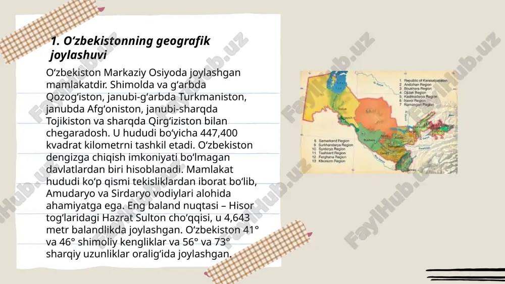 mamlakatda turli konfessiyalarni ifoda etuvchi 16 diniy tashkilot rasman roʻyxatdan oʻtgan. diniy erkinlik va turli dinlarga e'tibor berilsa-da, hukumat diniy ekstremizmga qarshi qat'iy choralar koʻrmoqda. ... t.me/slaydai_bot 7. oʻzbekiston milliy taomlari oʻzbekiston milliy taomlari turli madaniyatlar ta'sirida shakllangan va keng tanilgan. palov eng mashhur taomlardan biri bo'lib, har bir hududda oʻziga xos tayyorlanadi. oshxona tarixida 2000 yildan ziyod vaqt davomida rivojlangan. lagʻmon, somsa, manti, shashlik, va chuchvara kabi taomlar milliy oshxonaning ajralmas qismidir. har bir taomning o'ziga xos mazasi va tayyorlash usuli mavjud, ularni tayyorlashda goʻsht, guruch, ziravorlar va sabzavotlar keng qo'llaniladi. oʻzbekiston taomlari ko'pincha katta jamoaviy yig'ilishlarda yoki bayramlarda, masalan, navro‘zda dasturxonga tortiladi. orasta tayyorlangan taomlar do'stlar va oila a'zolarini birlashtirishga xizmat qiladi. ... t.me/slaydai_bot oʻzbekistonning taʼlim tizimi davlat tomonidan boshqariladi va uch bosqichdan iborat: maktabgacha taʼlim, umumiy oʻrta taʼlim va oliy taʼlim. mamlakatda 6 yil davom etadigan boshlangʻich ta'lim, shuningdek, 3 yil davom etadigan oʻrta taʼlim mavjud. 2021-yilda …