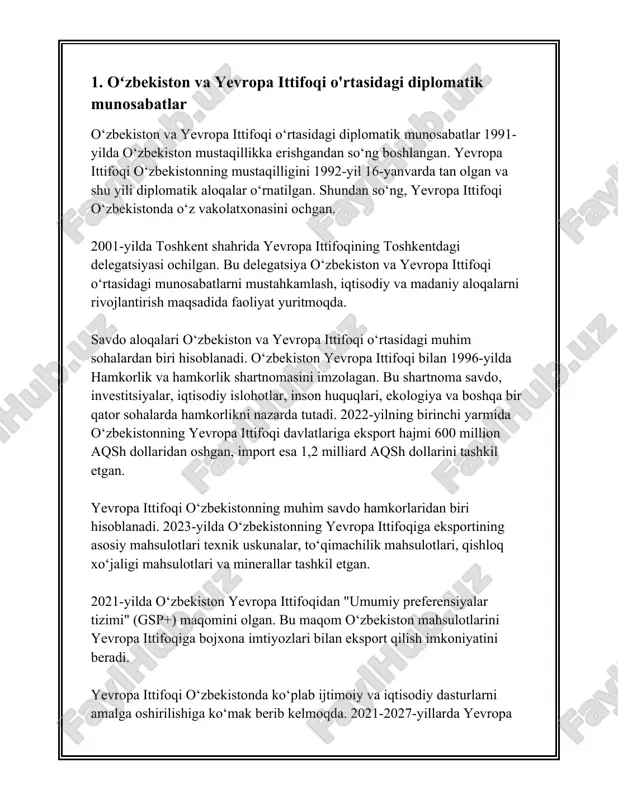 masalan, germaniya, buyuk britaniya, fransiya, va italiya kabi davlatlar oʻzbekiston bilan oʻzaro savdo aylanmasida sezilarli hissasini qoʻshadi. 2022-yil ma'lumotlariga koʻra, germaniya oʻzbekistonning yevropadagi eng yirik savdo hamkorlaridan biri sifatida koʻrsatiladi. savdo aylanmasi hajmi qariyb 1 milliard aqsh dollariga yetgan. germaniyadan oʻzbekistonga asbob-uskunalar, kimyoviy mahsulotlar, va avtomobil qismlari import qilinadi. oʻzbekiston esa germaniyaga paxta, meva va sabzavotlar, va farmatsevtika mahsulotlarini eksport qiladi. fransiya bilan savdo-iqtisodiy hamkorlik ham ortib bormoqda. 2022-yilda fransiya bilan savdo aylanmasi 300 million aqsh dollaridan oshdi. fransiyaga asosan toʻqimachilik mahsulotlari va meva-sabzavotlar eksport qilinadi. import esa asosan texnologik asbob-uskunalar va kimyoviy vositalardan iborat. buyuk britaniya bilan oʻzbekiston oʻrtasidagi savdo aylanmasi 2022-yilda 200 million aqsh dollaridan oshdi. bu mamlakatdan oʻzbekistonga mashinasozlik mahsulotlari va texnologiyalar import qilinadi, eksport esa paxta va tayyor toʻqimachilik mahsulotlari hisoblanadi. italiya bilan 2022-yilda oʻzaro savdo aylanmasi hajmi 150 million aqsh dollardan oshdi. italiyaliklar oʻzbekistondan asosan paxta va toʻqimachilik mahsulotlarini sotib olishadi. italiyadan esa oʻzbekistonga kiyim-kechak, …