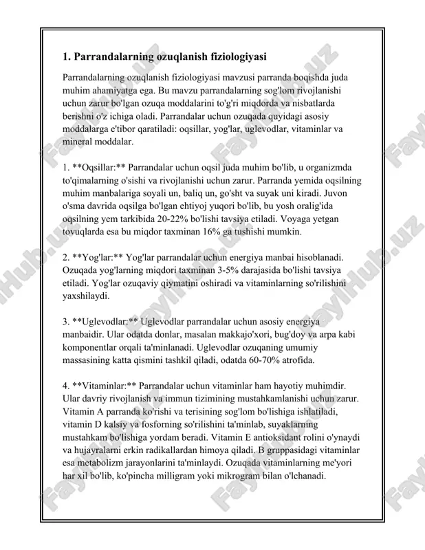 asligi parrandalarning sekin o'sishiga va ishlab chiqarishning pasayishiga olib keladi. masalan, broyler jo'jalari o'sishi davrida ratsionda 20-24% protein bo'lishi kerak. 2. **energiya**: parrandalar uchun energiya manbai sifatida yo'g'-va uglevodlar muhimdir. energiya balansini saqlash parranda salomatligi va o'sishi uchun juda muhim. ratsiondagi energiya darajasi parrandaning vazniga va turiga qarab o'zgarishi mumkin. broylers uchun oziq ratsionidagi energiya miqdori muvozanatli bo'lishi kerak: 2900 dan 3200 kkal/kggacha. 3. **vitaminlar va minerallar**: vitaminlar, masalan, a, d, e, va k, hamda minerallar, masalan, kaltsiy va fosfor, parranda suyaklarining sog'lom rivojlanishi uchun zarur. ularning ratsionda yetishmasligi suyaklarning mo'rt bo'lishiga va oziq-ovqat mahsuldorligining pasayishiga olib kelishi mumkin. masalan, kaltsiy va fosfor nisbati 2:1 bo'lishi kerak. 4. **oziq moddalarni muvozanatlash**: parrandalarning oziqlanishida har bir komponentning aniq muvozanatiga rioya qilish kerak. oziq-ovqatning muvozanatlanishi parranda salomatligini, immun tizimini va umumiy sharoitini yaxshilaydi. har bir parranda turi va uning o'sish davri uchun maxsus ratsion ishlab chiqilgan bo'lishi kerak. 5. **parranda turi bo'yicha …