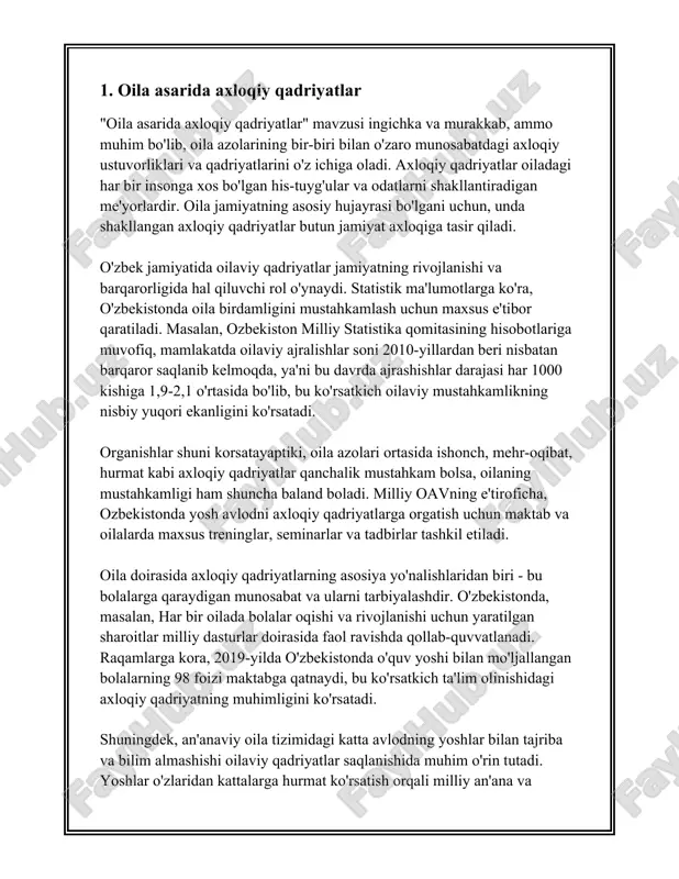 ada bo'lgan burchi sifatida qaralishi zarur. 2. oila va an'ana oila va anana mavzusi bo'yicha uzbekcha malumot quyida keltirilgan: oila va an'ana - bu har bir jamiyat va madaniyatning asosiy poydevoridir. oila - bu jamiyatning eng kichik hujayrasi bo'lib, unda an'analar, qadriyatlar va urf-odatlar avloddan-avlodga o'tadi. o'zbekistonda oilaga va an'anaviy qadriyatlarga katta e'tibor qaratiladi. o'zbekistonda oilaviy tuzilma odatda kengaytirilgan oilalardan iborat bo'lib, ota-onalar, bolalar, bobo-buvilar va ba'zida boshqa yaqin qarindoshlar birgalikda yashaydi. bu turdagi oilada o'zaro yordam va qo'llab-quvvatlash muhim rol o'ynaydi. odatda ota yoki oila rahbari oilaviy masalalarda oxirgi qarorni qabul qiladi. o'zbekiston respublikasi davlat statistika qo'mitasining ma'lumotlariga ko'ra, 2020-yilda mamlakatda o'rtacha oila miqdori 5,4 kishini tashkil etadi. ushbu ko'rsatkich shahar va qishloq joylarida biroz farqlanadi. qishloq joylarda oilalar ko'pincha kattaroq bo'ladi, bu yerda oila tarkibida 6-7 nafar va undan ortiq a'zolar mavjud bo'lishi mumkin. o'zbek milliy an'analari ko'pincha turli madaniyatlarning ko'p asrlik ta'sirini o'z ichiga oladi. bir qator …
