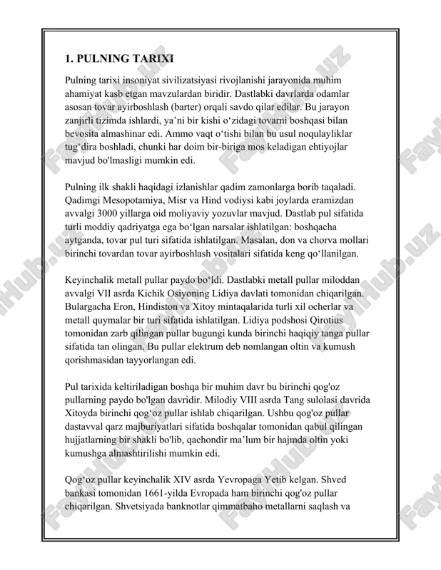 muomala vositasi bo‘lishidir. pul tovar va xizmatlar ayirboshlanishi jarayonida muomala vositasi sifatida foydalaniladi. bu tovarlarning to‘g‘ridan-to‘g‘ri ayirboshlash (barter) jarayonida yuzaga keladigan muammolarni hal qilish imkoniyatini beradi. 3. **qiymatni saqlovchi vosita**: pul qiymatni vaqt bo‘yi saqlashga imkon beradi. bu funksiyani bajarish uchun pul mustahkamlik va ishonchlilikni saqlashi kerak. inflyatsiya va boshqa iqtisodiy omillar bu funksiyaning samaradorligiga ta'sir ko‘rsatishi mumkin. 4. **to‘lov vositasi**: pul majburiyatlar va qarzlarni to‘lashda vosita sifatida foydalanuvchan. masalan, shartnoma bo‘yicha pul to‘lovlari, kreditlarning to‘lanishi va boshqa majburiyatlar pulning to‘lov vositasi sifatida ishlatilishini taqdim etadi. pulning bu funksiyalari iqtisodiyotda samarali resurs taqsimlanishi va iqtisodiy o‘sishni ta’minlaydi. pul ko‘lami va pul-kredit siyosati mamlakatning iqtisodiy holatini va makroiqtisodiy ko‘rsatkichlarining o‘sishini bevosita ta’sir qiladi. pul tizimining barqaror bo‘lishi iqtisodiyotni izchil rivojlantirish va inflyatsiyani nazorat qilishda muhim rol o‘ynaydi. pulning bu funksiyalari nafaqat milliy, balki xalqaro iqtisodiyotda ham o‘z ahamiyatini saqlaydi. valyuta kurslari, xalqaro savdo va investitsiyalar jarayonida ham pulning funktsional roli muhimdir. …