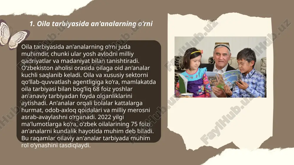 ulq-atvor me'yorlarini o'rgatadigan birinchi muhit bo'lib, bu borada bolaning dastlabki 7 yilgi tarbiyasi muhim hisoblanadi. ... t.me/slaydai_bot oqilona vaqt taqsimlash va oila ichidagi vazifalar to'g'risida ma'lumotlar: oilaviy majburiyatlarni muvaffaqiyatli boshqarish uchun har bir a'zo haftasiga kamida 1 soat reja tuzishga ajratishi tavsiya etiladi. statistikaga ko'ra, uy ishlari va bolalar parvarishi uchun o'rtacha haftasiga 20-30 soat vaqt sarflanadi. samarali vaqt boshqaruvi stressni 30 foizga qisqartirishi mumkin. bundan tashqari, oila a'zolarining 60 foizi vazifalarni teng taqsimlash oilaviy munosabatlarni yaxshilashga yordam berishini ta'kidlaydilar. kunlik ish va oilaviy majburiyatlar orasida muvozanatni topish 70 foiz insonlarda yuksak qoniqish hissini uyg'otadi. ... t.me/slaydai_bot 7. oilada amalga oshiriladigan axloqiy masalalar oilada amalga oshiriladigan axloqiy masalalar oila a'zolarining bir-biriga hurmat ko'rsatishi, ishonchni saqlab qolishi va adolatli munosabatlar o'rnatishi bilan bog'liq. o'zbekiston sharoitida 2020-yilda o'tkazilgan tadqiqotlarga ko'ra, oilalarning 70% dan ortig'i axloqiy masalalarga e'tibor qaratadi. oiladagi munosabatlarning 90% hollarda bolalar tarbiyasiga bevosita ta'siri aniqlangan. axloqiy qadriyatlar oilaviy munosabatlarda muhim …