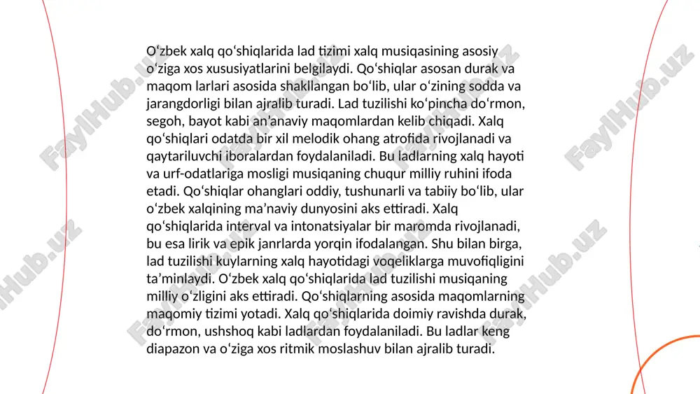 masalan, segoh, dugoh, navo, bayot. har bir lad o‘ziga xos ohang va tuyg‘u beradi, bu esa musiqaning turli janrlarda qo‘llanilishidagi xilma-xillikka xizmat qiladi. xviii-xix asrlarda dutor cholg‘u asbobi sifatida keng tarqalgan bo'lib, turli ladlar bilan ijro etilish san'ati rivojlantirilgan. ma’lum statistikalarga ko‘ra, hozirda har yili yuzlab qo‘shiqlar dutor asosidagi ladlar bilan yaratiladi. ... t.me/slaydai_bot o'zbek xalq qo'shiqlari o'ziga xos invariant xususiyatlarga ega bo'lib, ular ma'lum bir tuzilmaviy va tematik o'xshashliklarni saqlaydi. xalq qo'shiqlarining ko'pchiligi mos ravishda mavzular, masalan, muhabbat, ayriliq, tabiat, va mehnat haqida bo'ladi. ularning musiqiy tuzilmalari sezilarli darajada stabil bo'lib, aniq ritm va melodiyaga ega. ko'pincha oddiy unison yoki ikki, uch ovozli kuylash shakllarida bo'ladi. qo'shiqlarning matnlari tez-tez to'rt qatorlik she'riy tuzilishga ega va takrorlanuvchi misralar yoki refrenlar mavjud. ushbu qo'shiqlar oralig'ida, ritmik takrorlanish va ahanga ahamiyat qaratiladi, bu esa ularning esda qolishini ta'minlaydi. ... t.me/slaydai_bot "qoshiq matnlarida lad qurilishi" mavzusi musiqada lad tuzulishini va uning qo'shiq matnlaridagi …