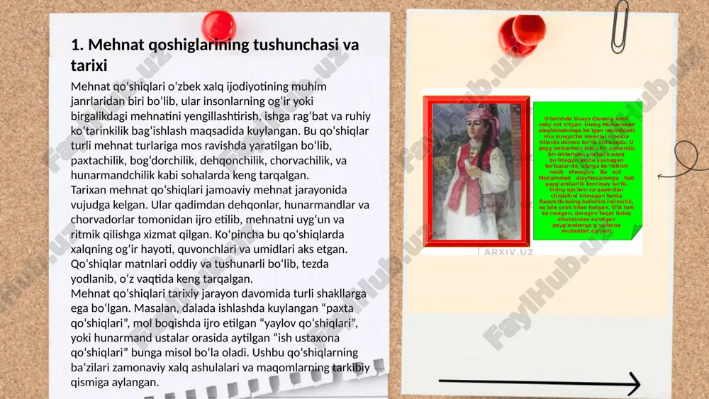 va qahramonlarning fazilatlari jihatidan farqlanishi mumkin. ... t.me/slaydai_bot mehnat qo'shiqlarida variantlilik tushunchasi xalq og'zaki ijodining muhim jihatlaridan biridir. mehnat qo'shiqlari turli mehnat jarayonlarida ijro etiladigan qo'shiqlardir, ular qo'shiqning turli mintaqa va sharoitlarda har xil talqinda aytilishini anglatadi. har bir joyda uning o'ziga xos varianti mavjud bo'lib, bu variantlar mahalliy an'analar, dialektlar va madaniy xususiyatlarga qarab shakllanadi. ushbu variantlilik mehnat qo'shiqlarini boyitib, ularning turliligini ta'minlaydi. masalan, pamir, ferghana yoki surxondaryo mintaqalarida bir xil mehnat qo'shig'i turlicha ijro etilishi mumkin, bu esa regional farqlarni va ijtimoiy-madaniy uyg'unlikni aks ettiradi. ... t.me/slaydai_bot qo‘shiqlarning hududlarga moslashuvi jarayoni turli omillar orqali aniqlanadi. masalan, andijon va buxoro hududlarida qo‘shiqlar mahalliy urf-odatlar va musiqiy an’analarga mos ravishda shakllangan. o‘zbekistonning shimoliy hududlarida, masalan, xorazmda, urf-odatlarda bir xil kuylar dominant bo‘lib, asosan doira va rabob kabi cholg‘u asboblari ishlatiladi. toshkent va samarqandda esa aralash madaniyatlar ta’sirida turli janrlar, jumladan, pop va milliy-musofir musiqalar keng tarqalgan. bunday moslashuv hududda yashovchi …