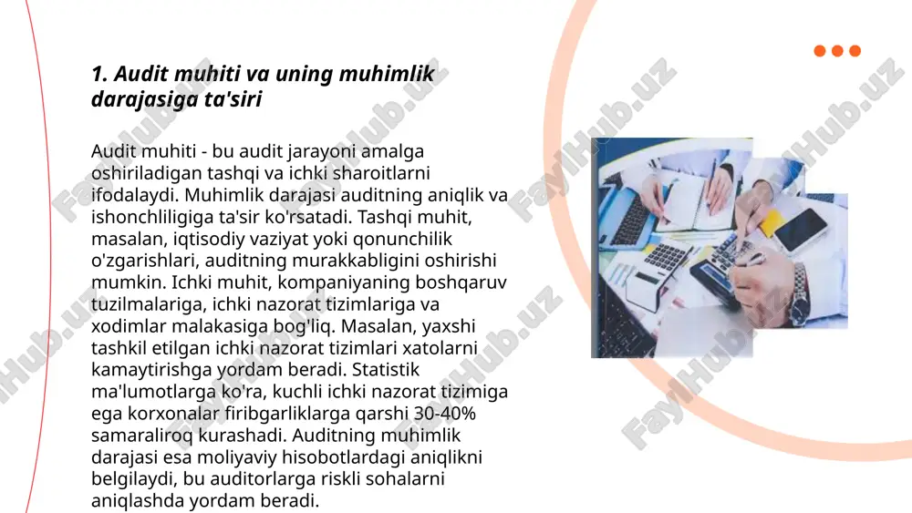 darajasini noto'g'ri baholash tufayli zarar ko'rishi mumkin. to'g'ri baholanganda, tashkilotlar 30% gacha mablag'larini tejashlari va xavflarni samarali boshqarishlari mumkin. ... t.me/slaydai_bot 6. ichki nazorat tizimida muhimlik darajasi — bu tashkilotdagi har bir jarayon yoki faoliyatning ichki nazorat doirasidagi ahamiyatini aniqlash usuli hisoblanadi. bu tizimda, muhimlik darajasi moliyaviy, operatsion va muvofiqlik xavflariga qarshi qanday himoya choralari ko‘rilishini baholash uchun ishlatiladi. muhimlik darajasini aniqlashda bunday omillar hisobga olinadi: moliyaviy ta'sir (miqdori yoki foizi), jarayonning murakkabligi, regulator talablar va jarayonning biznes maqsadlariga ta'siri. yuqori muhimlik darajasi resurslarni to‘g‘ri taqsimlash va risklarni samarali boshqarishga yordam beradi. ... t.me/slaydai_bot 7. audit jarayonida muhimlikni aniqlash usullari audit jarayonida muhimlikni aniqlashda bir necha usullar qo'llaniladi. muhimlik darajasini aniqlash uchun auditorlar moliyaviy hisobotlarning umumiy hajmini va kompaniyaning iqtisodiy faoliyatini tahlil qilishadi. odatda, daromadlar yoki aktivlar umumiy miqdoridan ma'lum bir foiz hisoblanadi, masalan, 5%. boshqa usullardan biri hisobot elementlarining nisbiy ahamiyatini baholashdir. shuningdek, soliq yuki yoki naqd pul oqimlari …