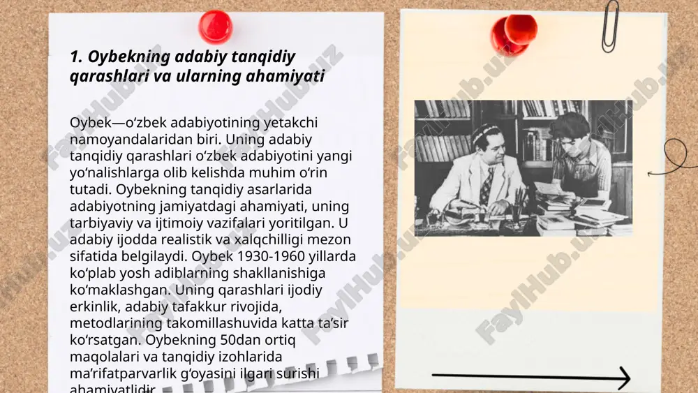20-asr o'zbek adabiyotida muhim hodisalardan biri hisoblanadi. oybek, taniqli adib va tahlilchi, saʼdiy asarlaridagi ba'zi g'oyalar va syujetlarni o'z tahlilida ko'rib chiqqan. oybekning 1930-yillarda yozgan maqolalari va tanqidlari saʼdiy asarlarining mazmunini, ularning o'ziga xosligini va ijtimoiy ahamiyatini tushunishda muhim rol o'ynagan. oybek saʼdiy asarlarini o'z davrining ruhiga va ijtimoiy masalalariga munosib tarzda baholagan. 1940-yillarda oybek saʼdiy asarlaridan ilhomlanib, o'zining ba'zi asarlarini yaratgan. bu tanqidlar o'zbek adabiyotidagi yangiliklar va rivojlanishlar uchun zamin yaratgan. ... t.me/slaydai_bot 7. oybekning adabiy-tanqidiy metodlari oybek, o‘zbek adabiyotining yetuk vakillaridan biri, adabiy-tanqidiy metodlari bilan ajralib turadi. uning tanqidiy yondashuvi asosan realistik aniqlikka tayanib, atrofidagi hayotni chuqur tahlil qilishga asoslanadi. oybek o‘z asarlarida ijtimoiy muammolarni yorqin va aniq tasvirlash orqali o‘quvchilarga ta'sir o'tkazishga harakat qilgan. u muallifning shaxsiy nuqtai nazarini asarlari orqali ifodalagan va bu usulda zamonaviy o‘zbek adabiyotida katta iz qoldirgan. oybekning adabiy-tanqidiy metodlari, xususan, uning tahliliy yondashuvi va ijtimoiy realizmga urg‘u berishi uning asarlarini o‘quvchilar orasida …