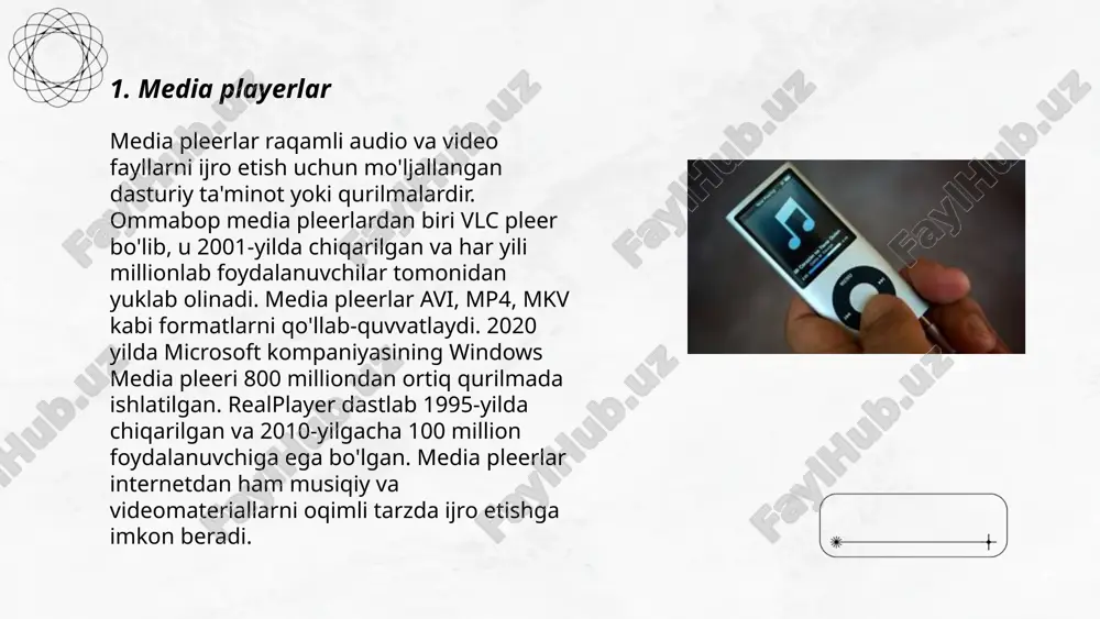 hlatiladigan dasturlardir. ko'p mashhur dasturlar qatoriga blender, autodesk 3ds max, maya, va sketchup kiradi. blender bepul va ochiq-manba bo'lib, barcha turdagi 3d loyihalar uchun ishlatiladi. 3ds max va maya autodesk kompaniyasining mahsulotlari bo'lib, murakkab vizual effektlar va animatsiyalar uchun ishlatiladi. sketchup intuitiv interfeys bilan arxitektura va ichki dizayn uchun mos. 3d modellash dasturlarining qo'llanish sohalari: o'yin industriyasi, kino, arxitektura va virtual reallik. turlar va imkoniyatlar turli darajadagi foydalanuvchilar uchun mos keladi va asosan apparat talablariga bog'liq. ... t.me/slaydai_bot 7. virtual haqiqat (vr) dasturlari virtual haqiqat (vr) dasturlariga oid ma'lumotlar: 2023-yilda global virtual haqiqat bozori hajmi 21,8 milliard aqsh dollariga yetdi. vr texnologiyalari o'yinlar, ta'lim, tibbiyot va arxitektura sohalarida keng qo'llanilmoqda. o'rganish natijalariga ko'ra, vr vositalari bilimlarni o'zlashtirishni 30% ga oshirishi mumkin. tibbiyotda vr operatsiyalar uchun 80% ko'proq aniq sinovlarni o'tkazishga yordam beradi. o'yin sanoatida 50 milliondan ortiq foydalanuvchi vr o'yinlaridan foydalanmoqda. hozirda bozorda 1,000 dan ortiq vr dasturlari mavjud. 2025-yilga …