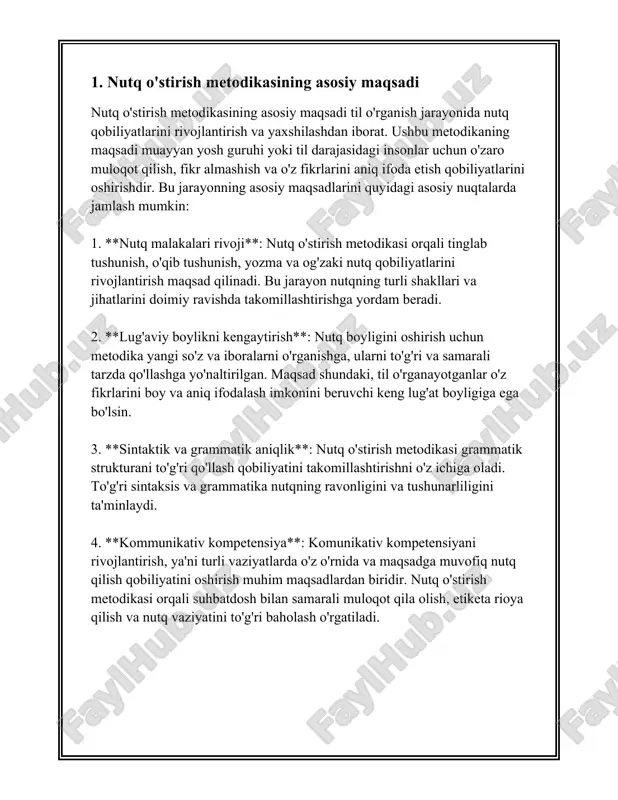 ari juda keng qamrovli mavzu bo‘lib, til o‘rganish jarayonida turli xil jihatlarni o‘z ichiga oladi. bu vazifalar quyidagilarni o'z ichiga olishi mumkin: 1. **kommunikatsiya ko‘nikmalarini rivojlantirish**: nutq o‘stirishning asosiy vazifasi shaxsning kommunikatsion imkoniyatlarini kengaytirishdir. buning uchun talabalar va o‘rganuvchilar bir necha turdagi mashqlar orqali o‘zining nutqini rivojlantirishi lozim. bu mashqlar orqali ular so‘z boyligini oshiradilar, grammatik tuzilmalarni mustahkamlaydilar va talaffuzini yaxshilaydilar. nutq rivojlantirish jarayonida turli simulyatsiyalar, intervyular va ro‘znomalar o‘quvchilar uchun samarali bo‘ladi. 2. **yozma va og‘zaki nutq madaniyatini oshirish**: nutq madaniyatini oshirish boshqa bir muhim vazifa hisoblanadi. bu qismda talaffuz, intonatsiya, so‘z tanlash va ifoda uslubi kabi elementlar katta rol o‘ynaydi. o‘quvchilar uchun og‘zaki va yozma nutqda o‘z fikrlarini aniq va to‘g‘ri tarzda ifoda etish qobiliyatini rivojlantirish muhimdir. shuningdek, ular turli uslublarda, rasmiy va norasmiy muhitlarda qanday muloqot o‘rnatishni o‘rganadilar. 3. **ko‘ngilochar va ta'limiy materiallar orqali til ko‘nikmalarini shakllantirish**: audiovizual vositalar, masalan, videolar, audiolar, teatr tomoshalari nutq o‘stirishning samarali …